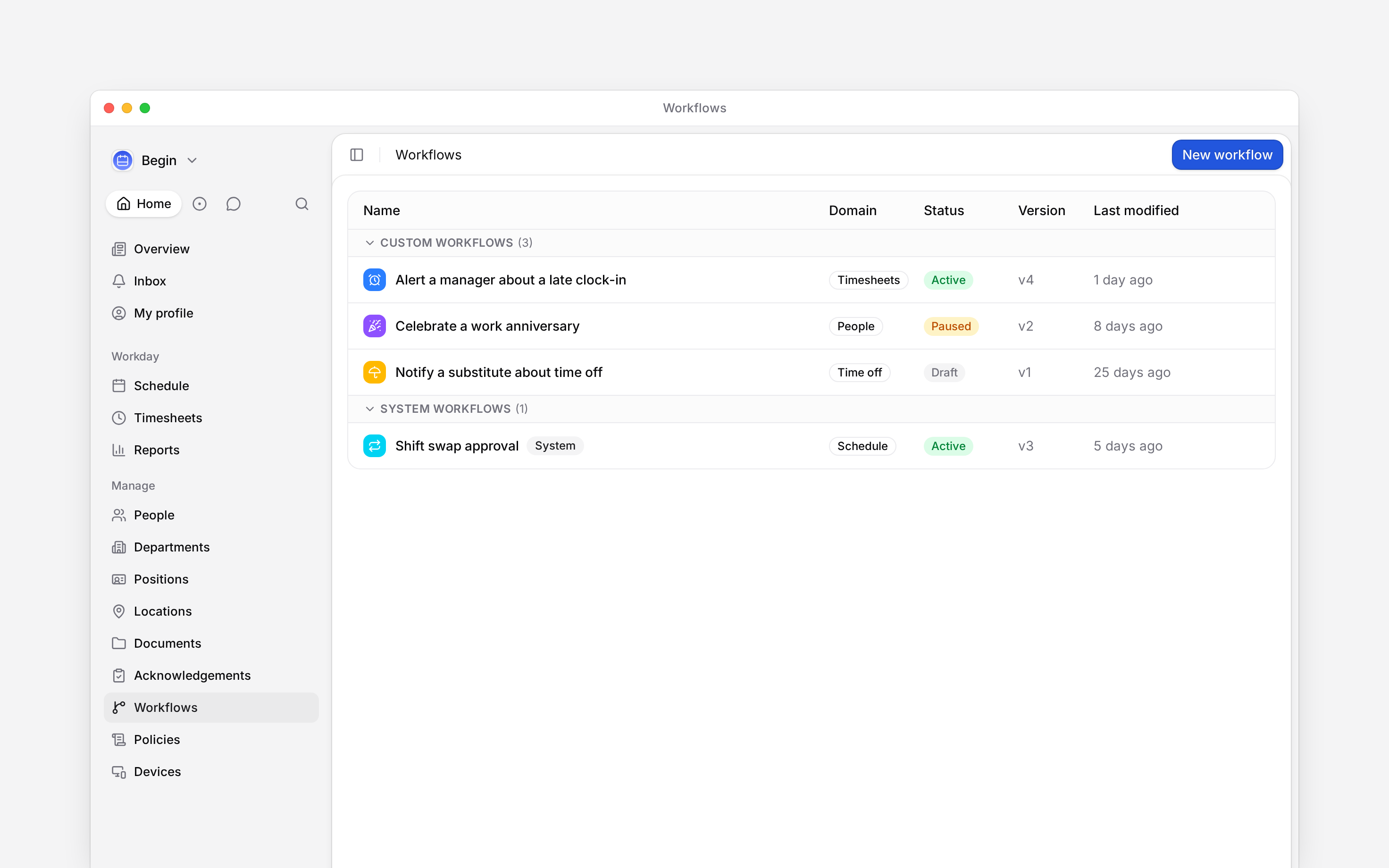 The Workflows page with custom and system workflows grouped by name, domain, status and version