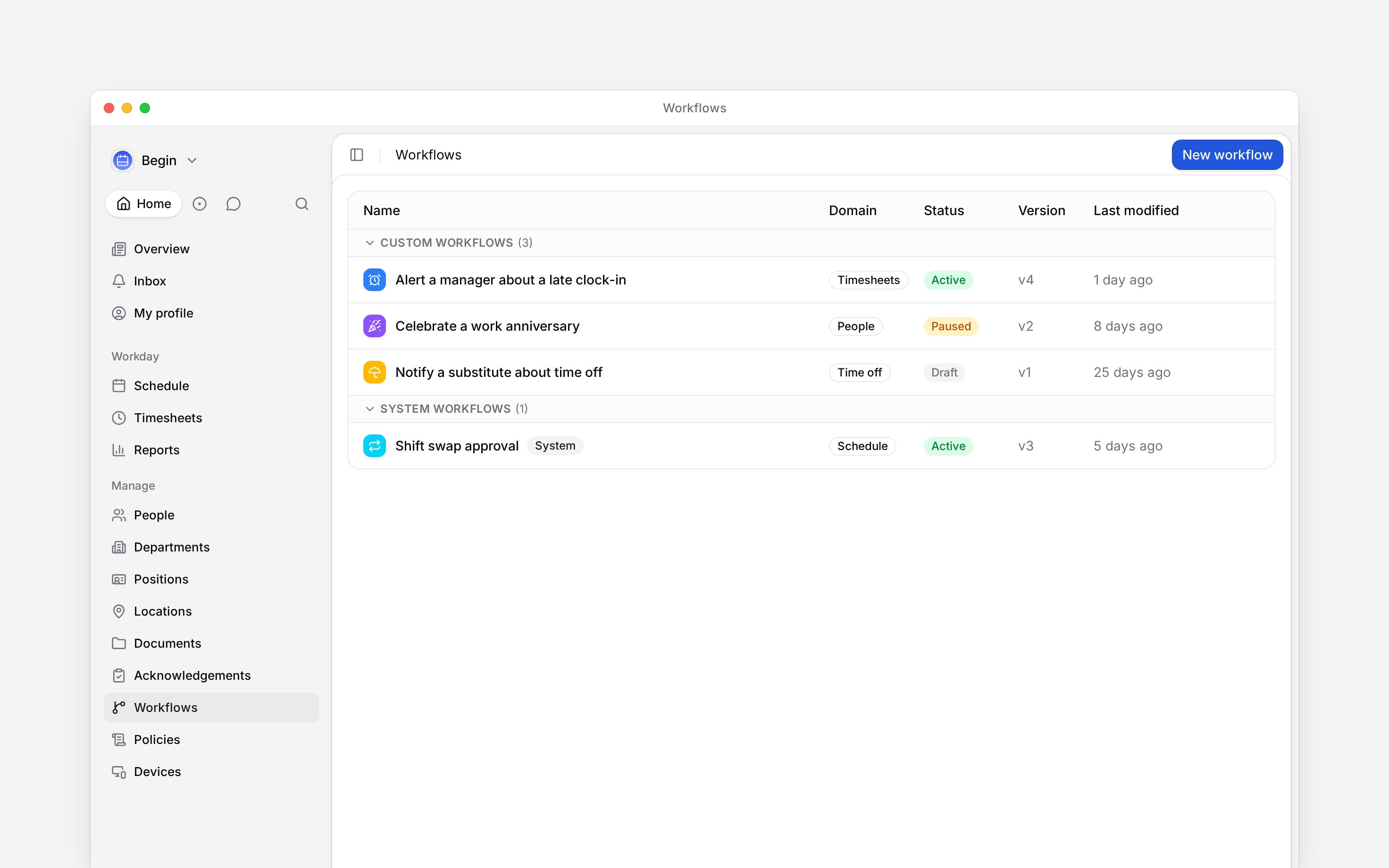 The Workflows page with custom and system workflows grouped by name, domain, status and version