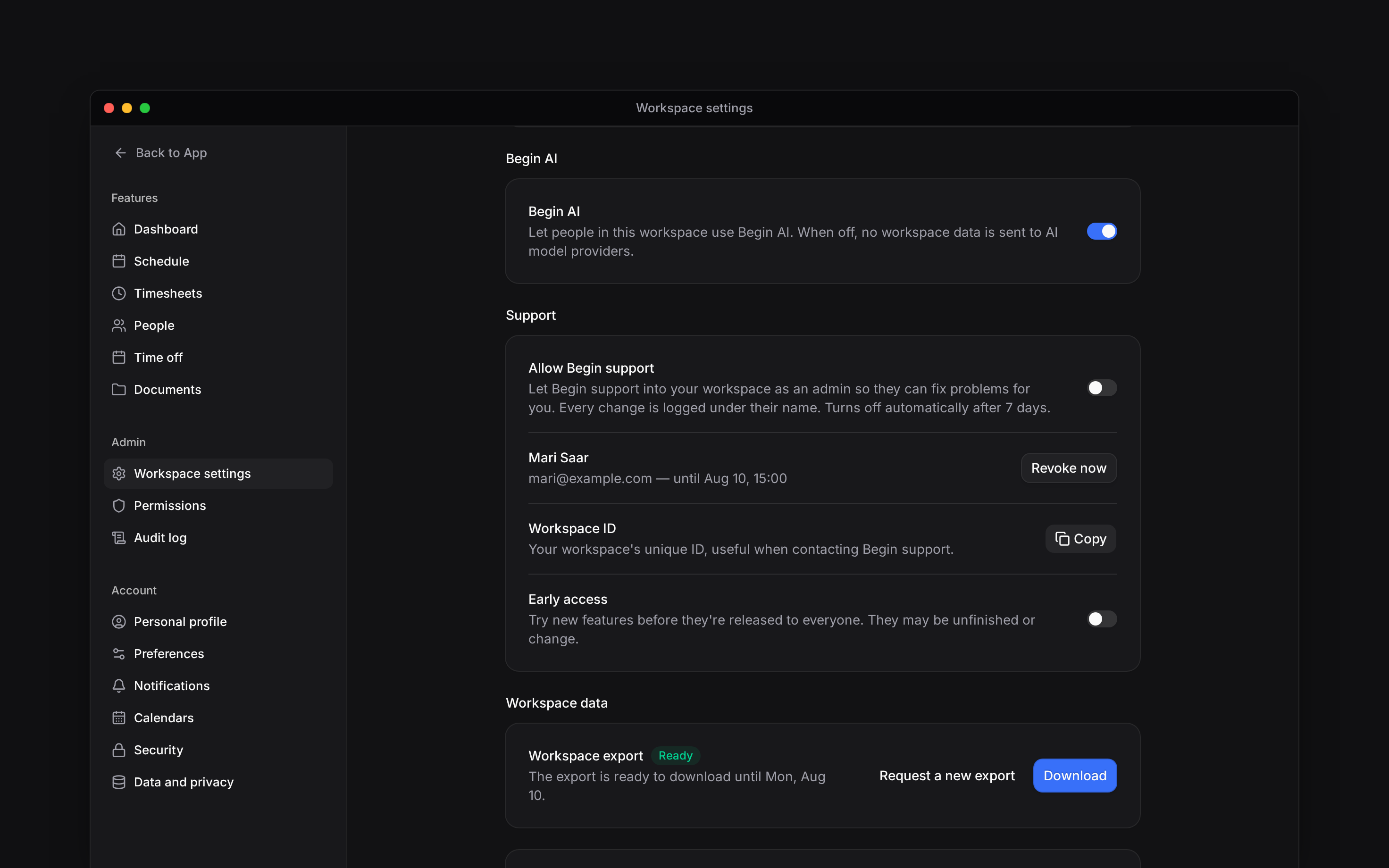 The Begin AI switch and Early access switch in Workspace settings