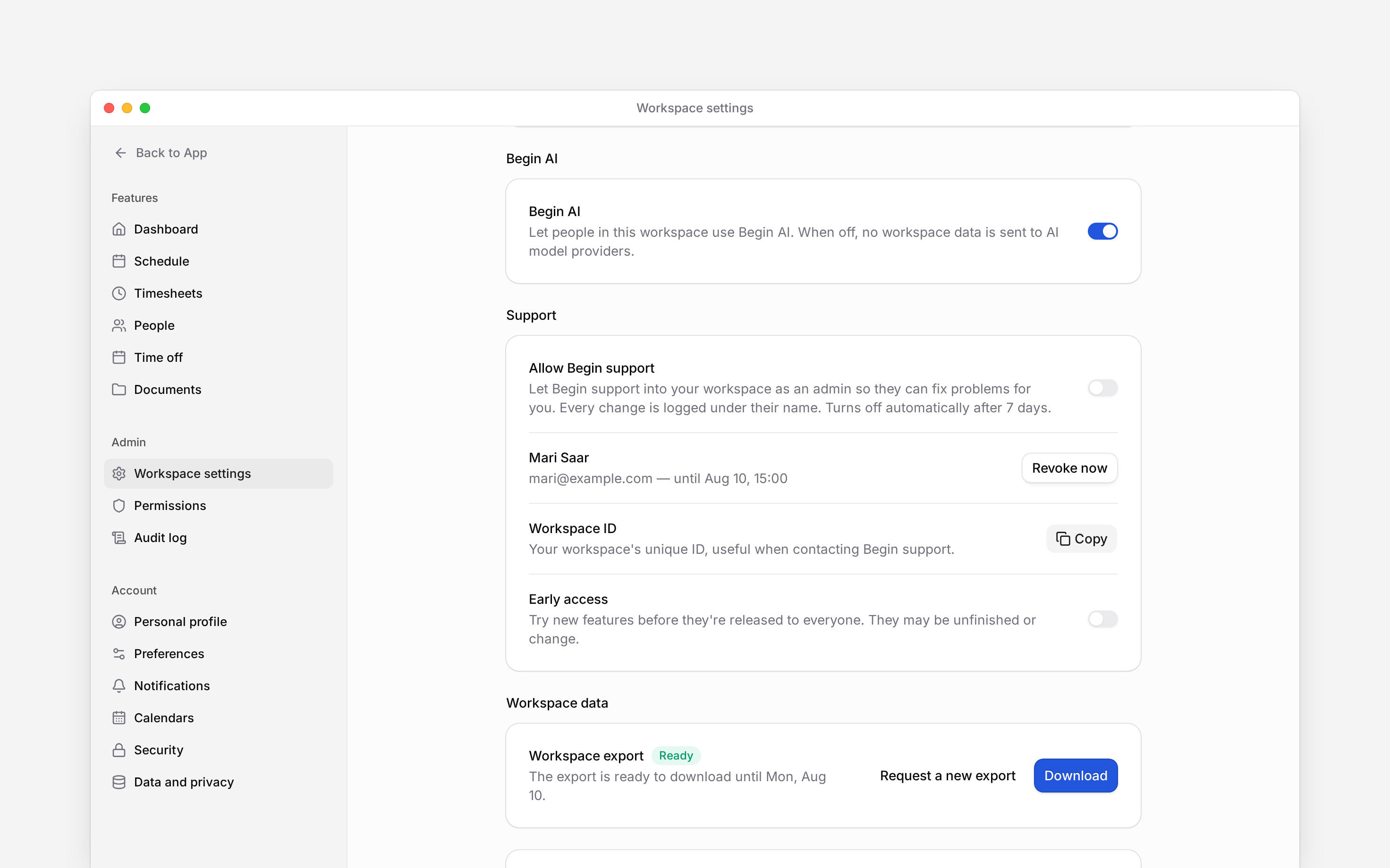 The Begin AI switch and Early access switch in Workspace settings