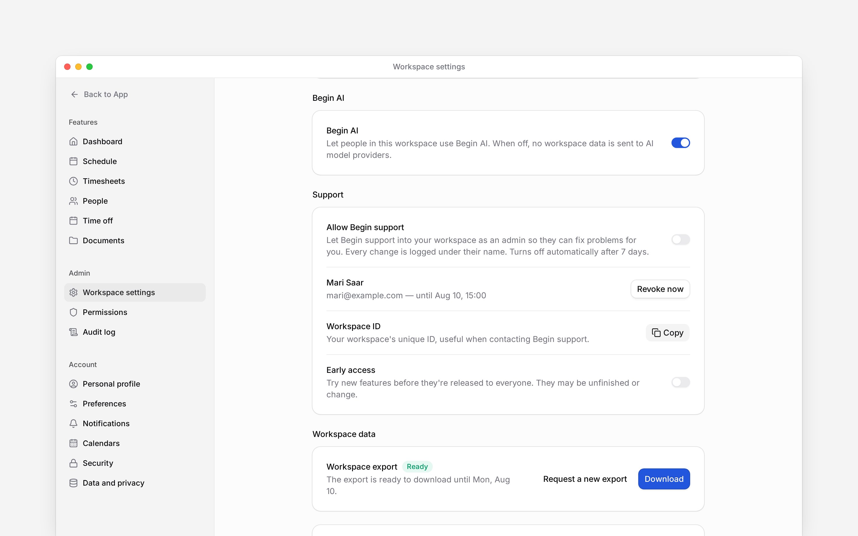 The Begin AI switch and Early access switch in Workspace settings