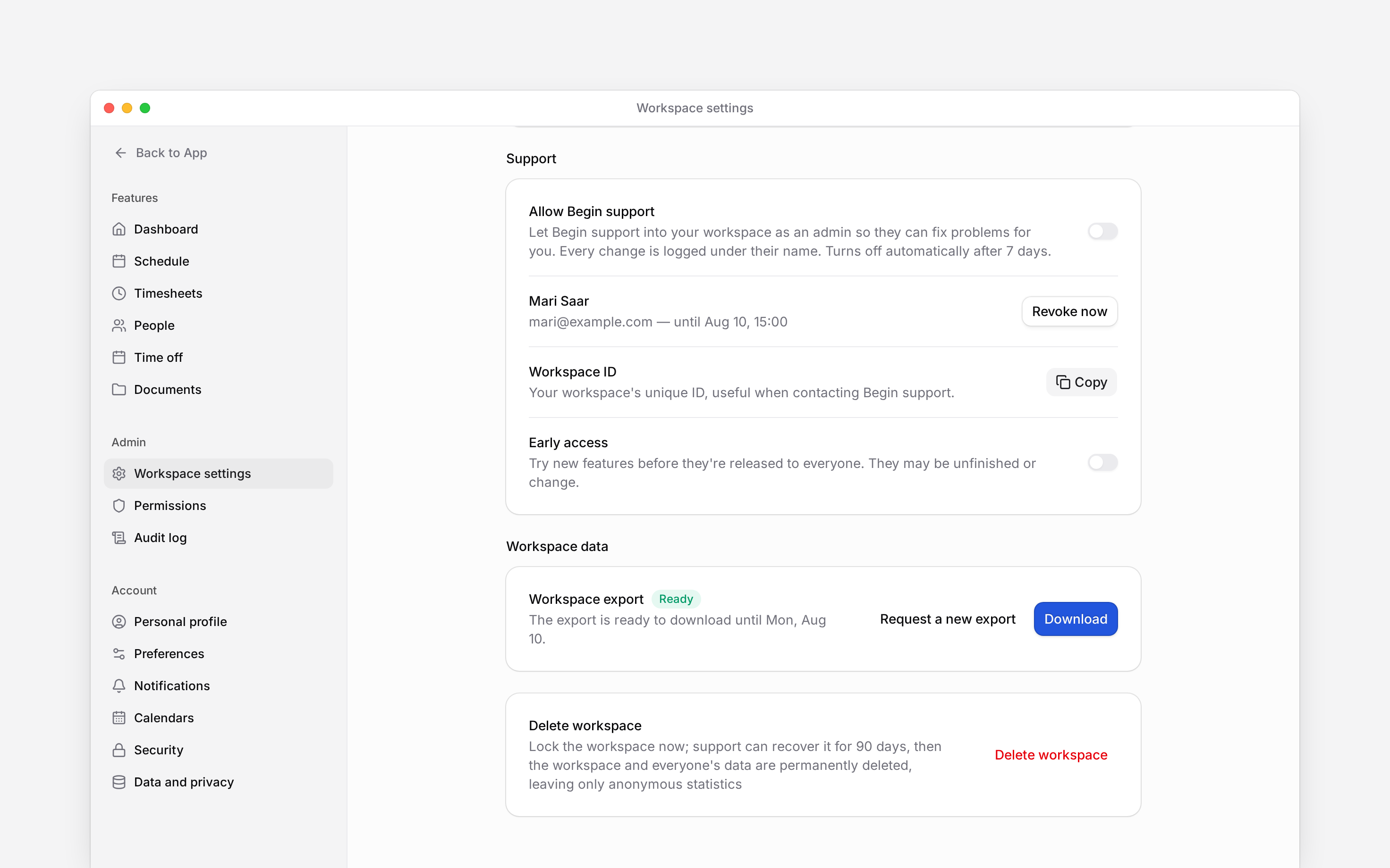 Workspace settings with the export download and Delete workspace controls