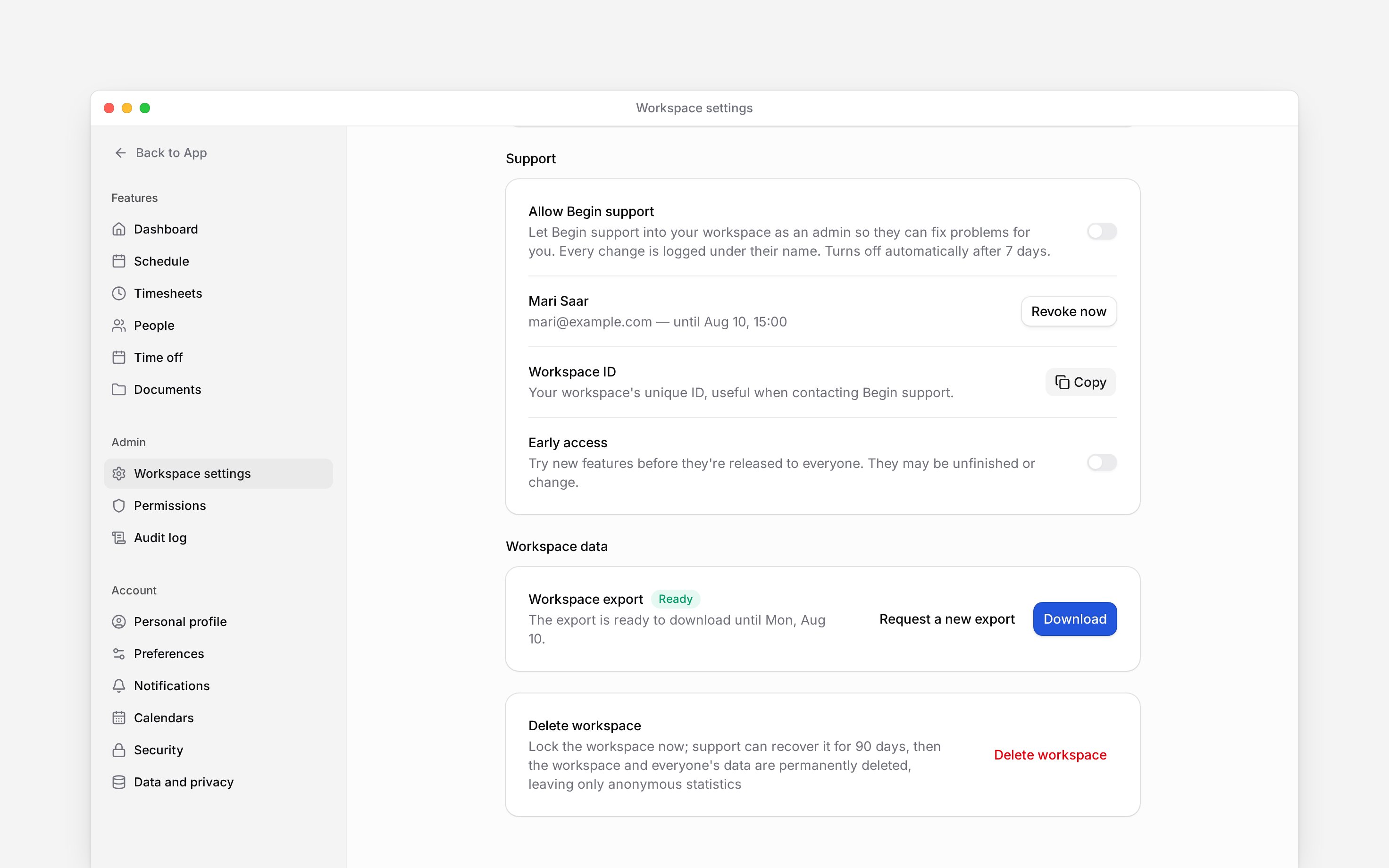 Workspace settings with the export download and Delete workspace controls