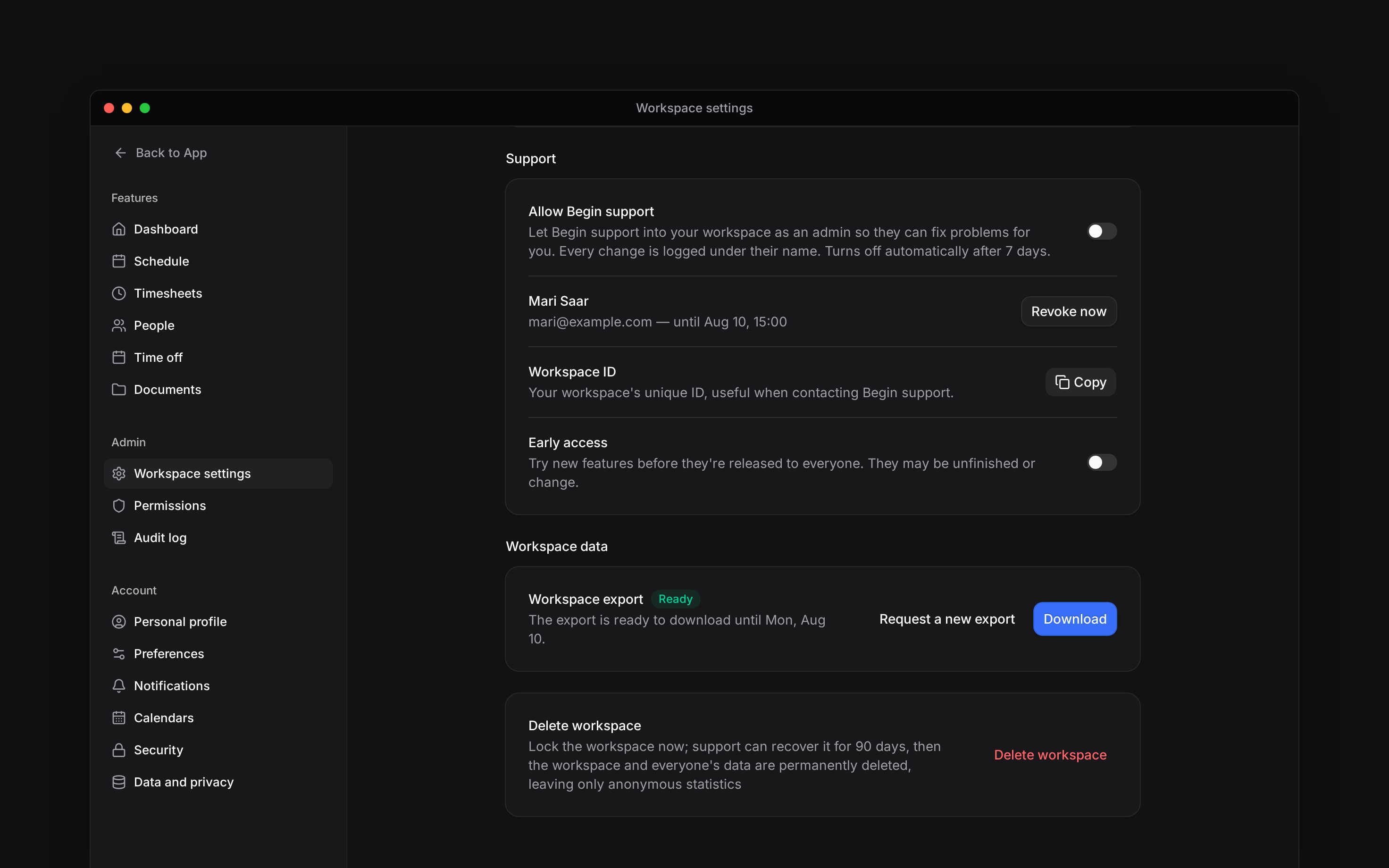 Workspace data with a ready archive, its expiry and the Download button