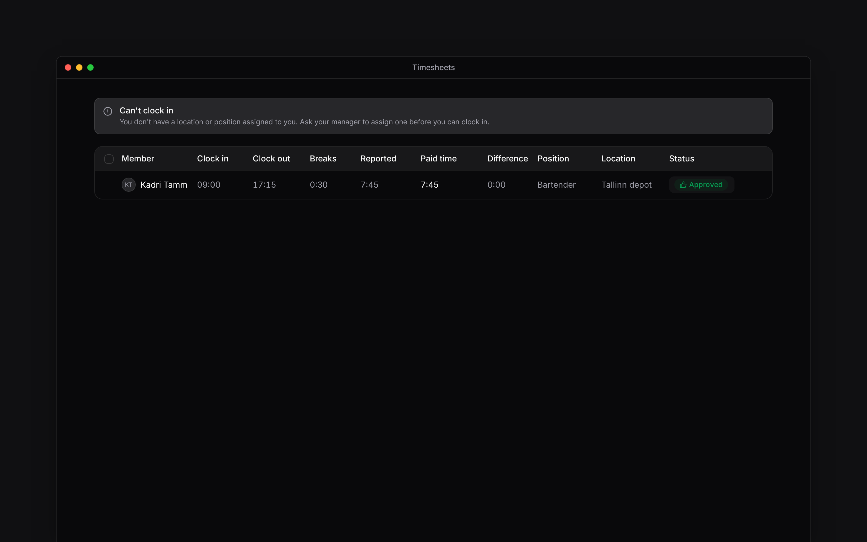 The clocking restriction message asking you to have a location or position assigned