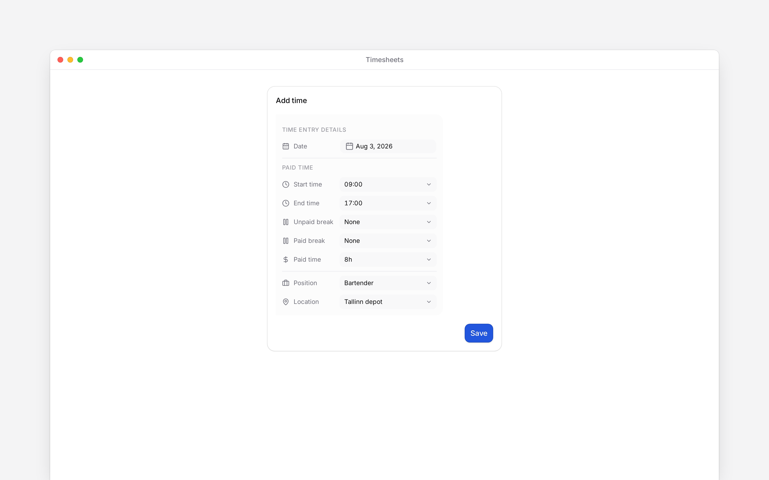 The Add time form for your own work with date, start and end time and work details