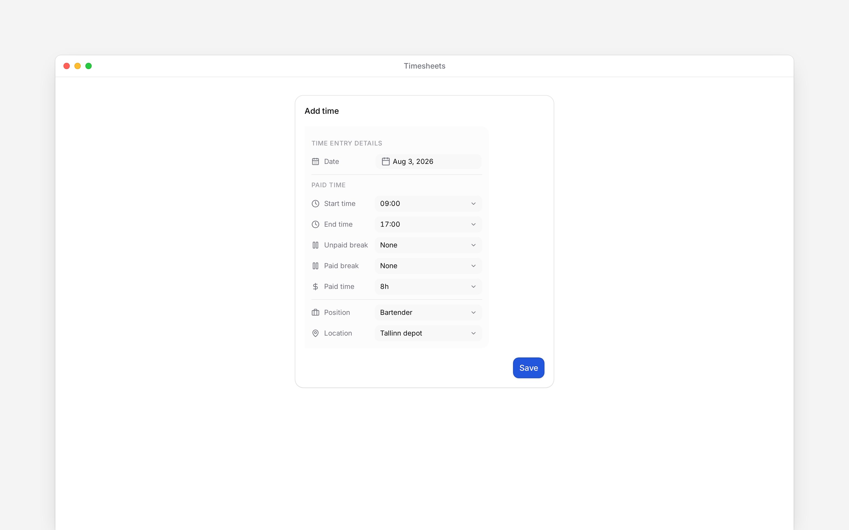 The Add time form for your own work with date, start and end time and work details