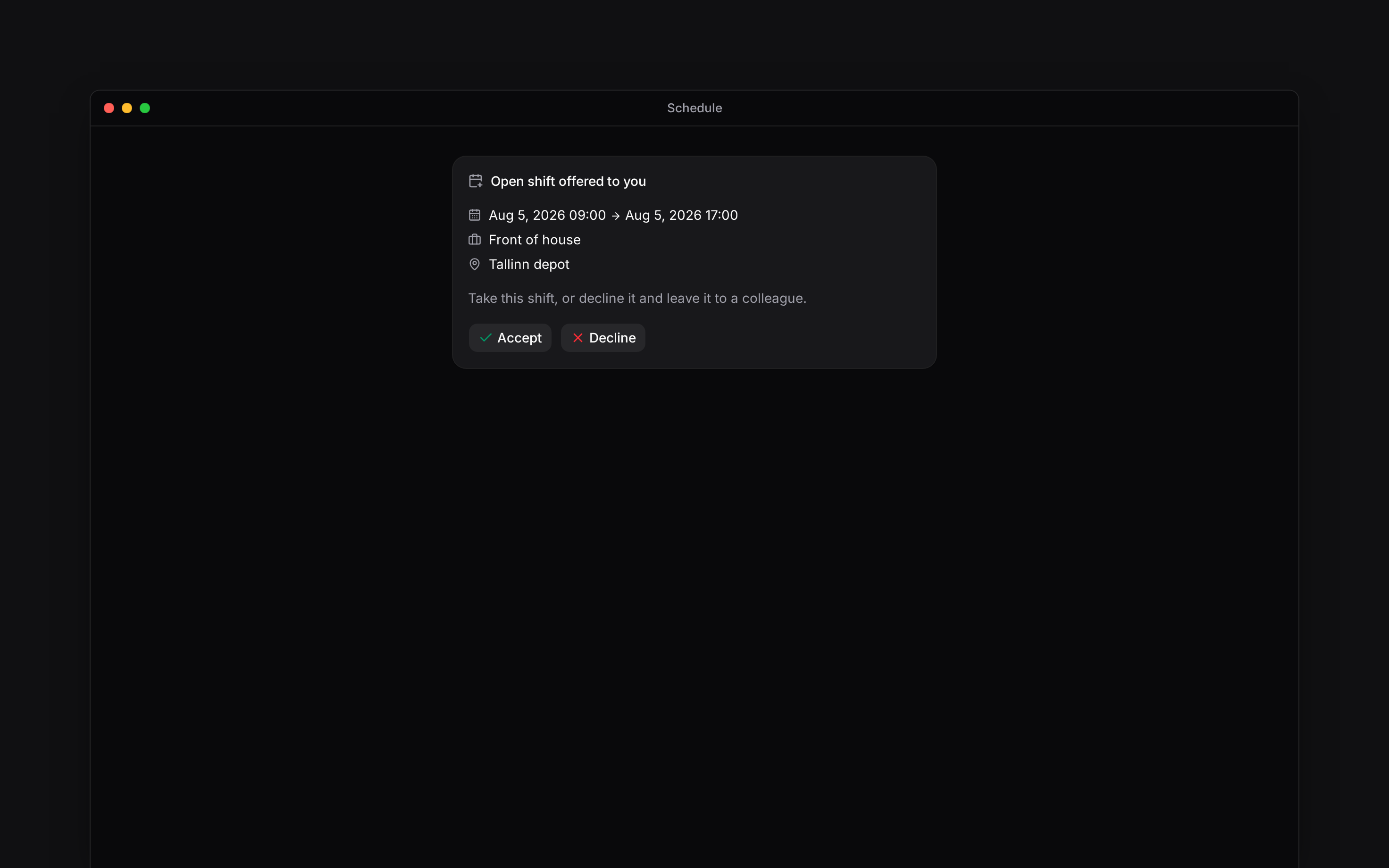 An employee inbox offer showing shift details and Accept and Decline