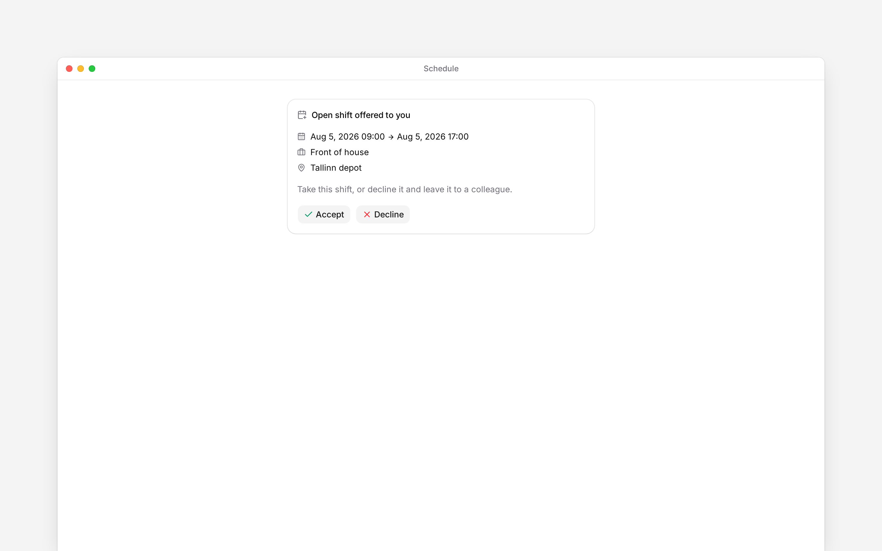 An employee inbox offer showing shift details and Accept and Decline