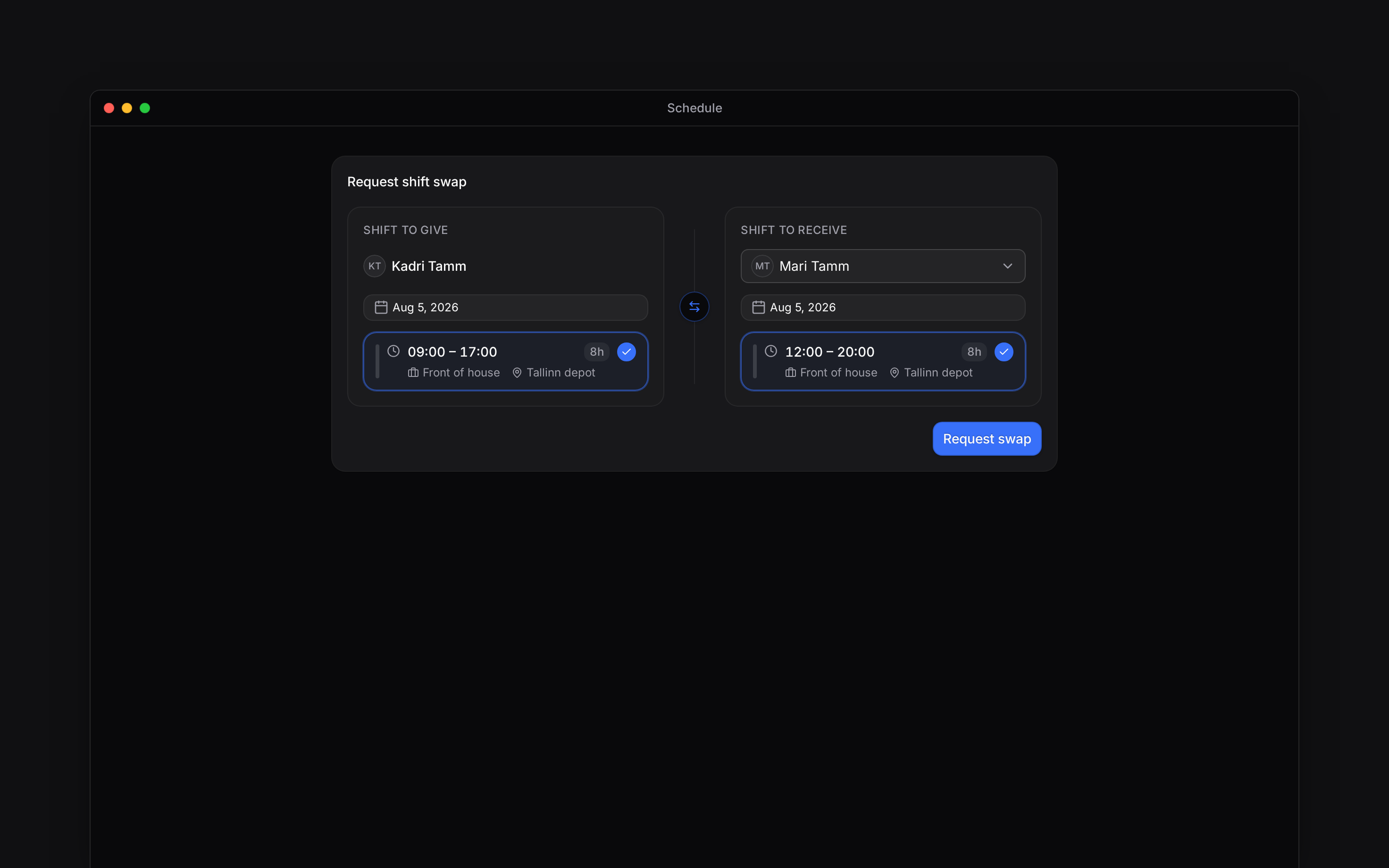 The swap request composer showing each colleague and their selected shift