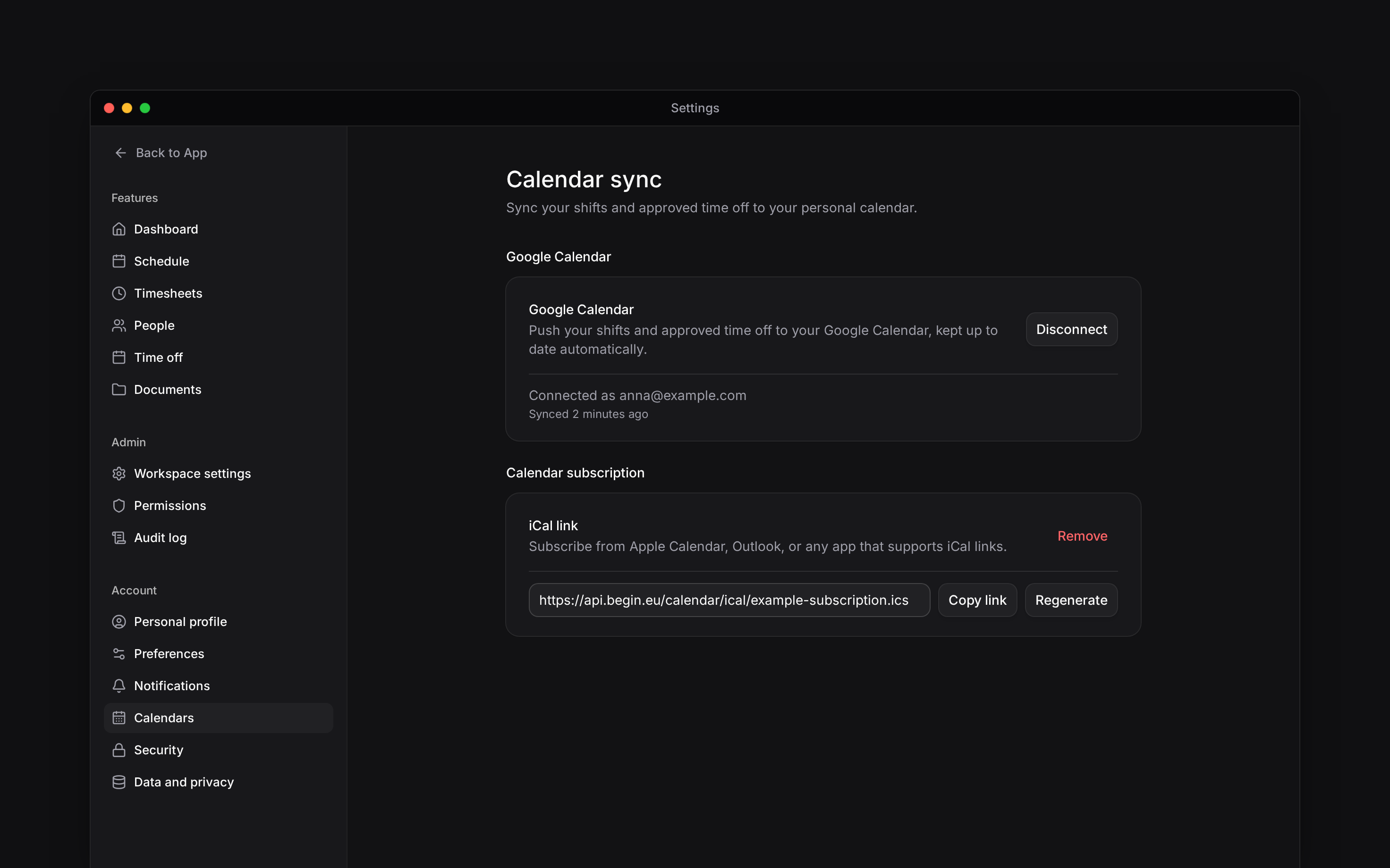 Calendar sync settings with an active Google connection and an iCal subscription link