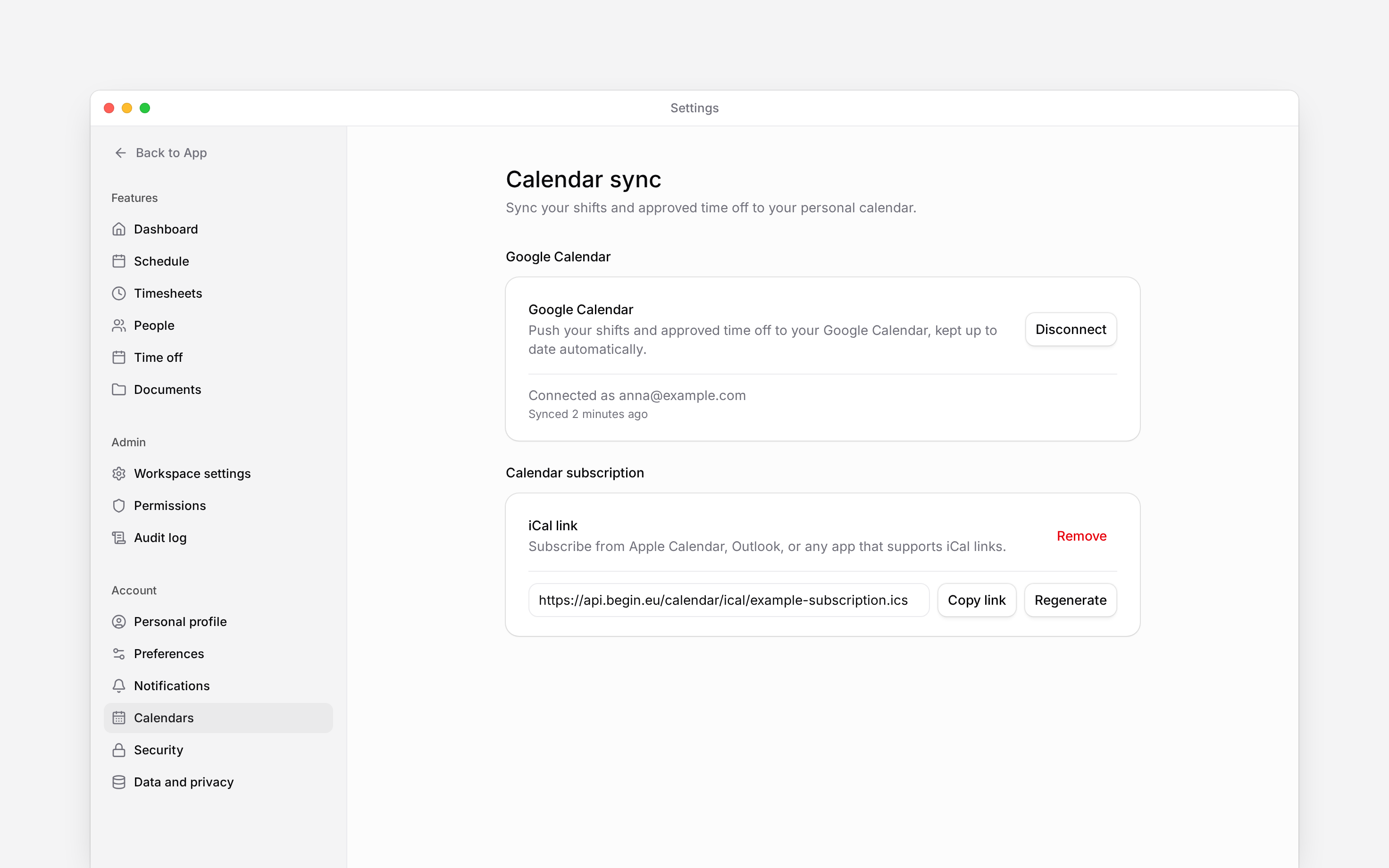 Calendar sync settings with an active Google connection and an iCal subscription link