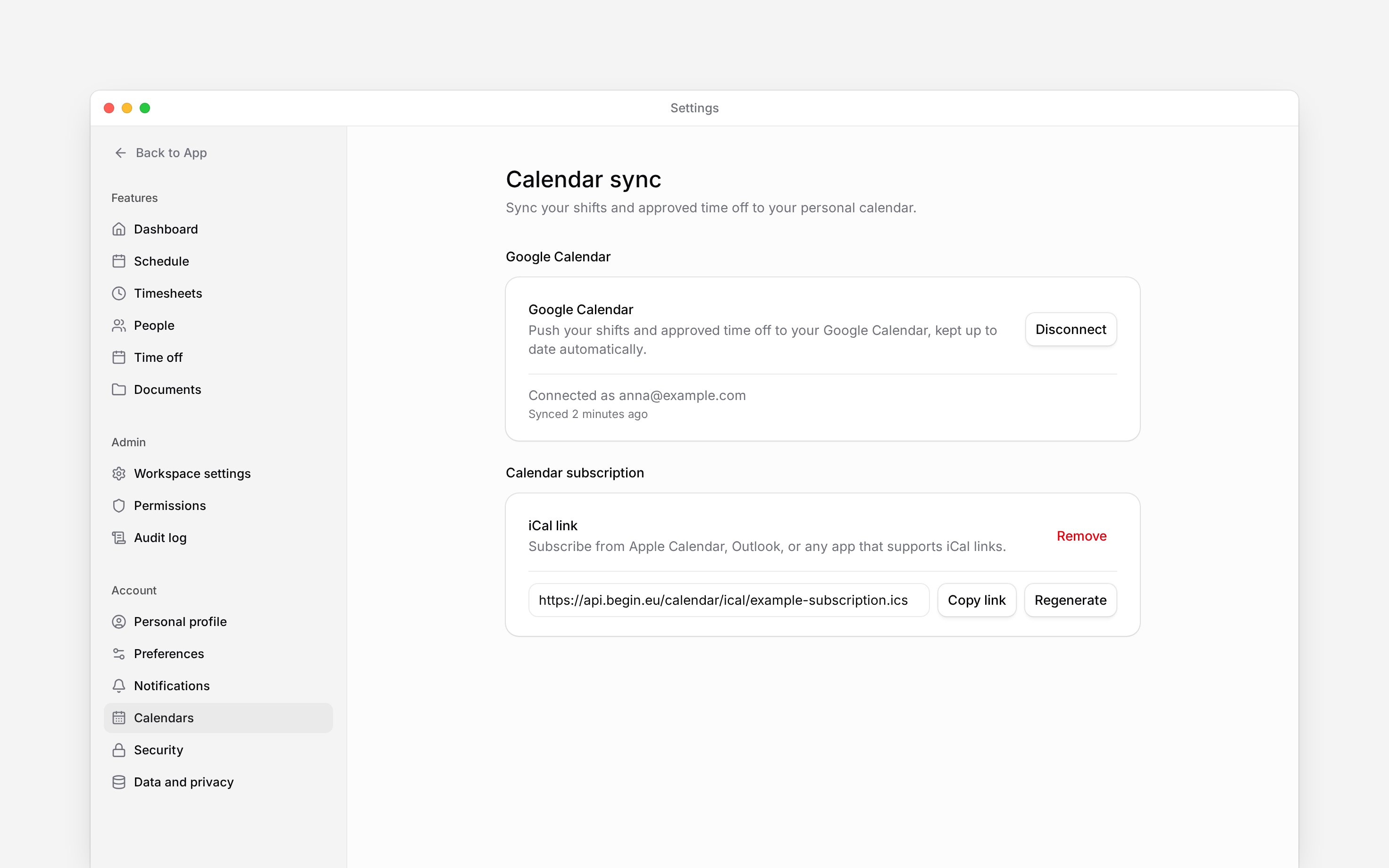 Calendar sync settings with an active Google connection and an iCal subscription link