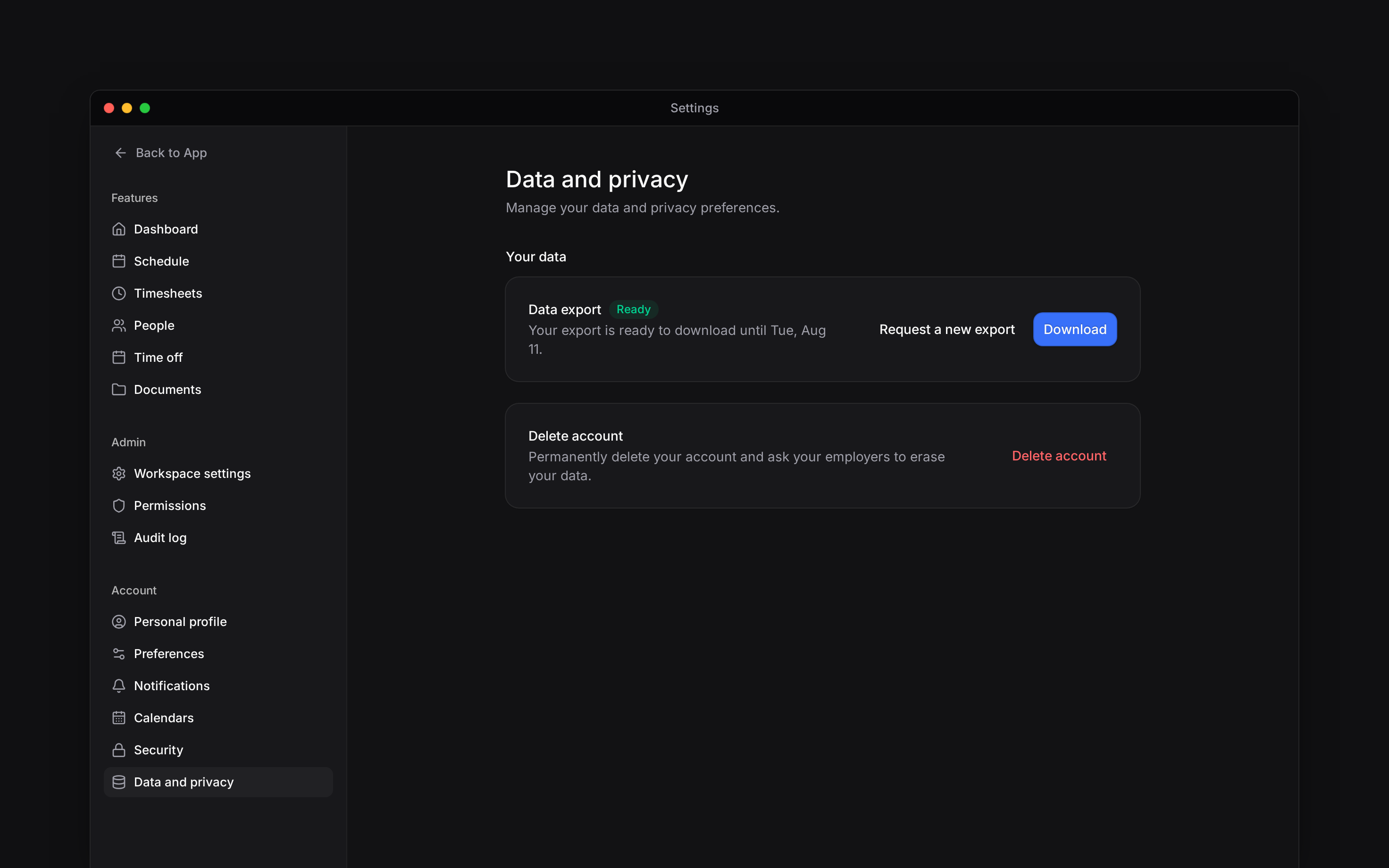 Data and privacy settings showing personal export and the Delete account action