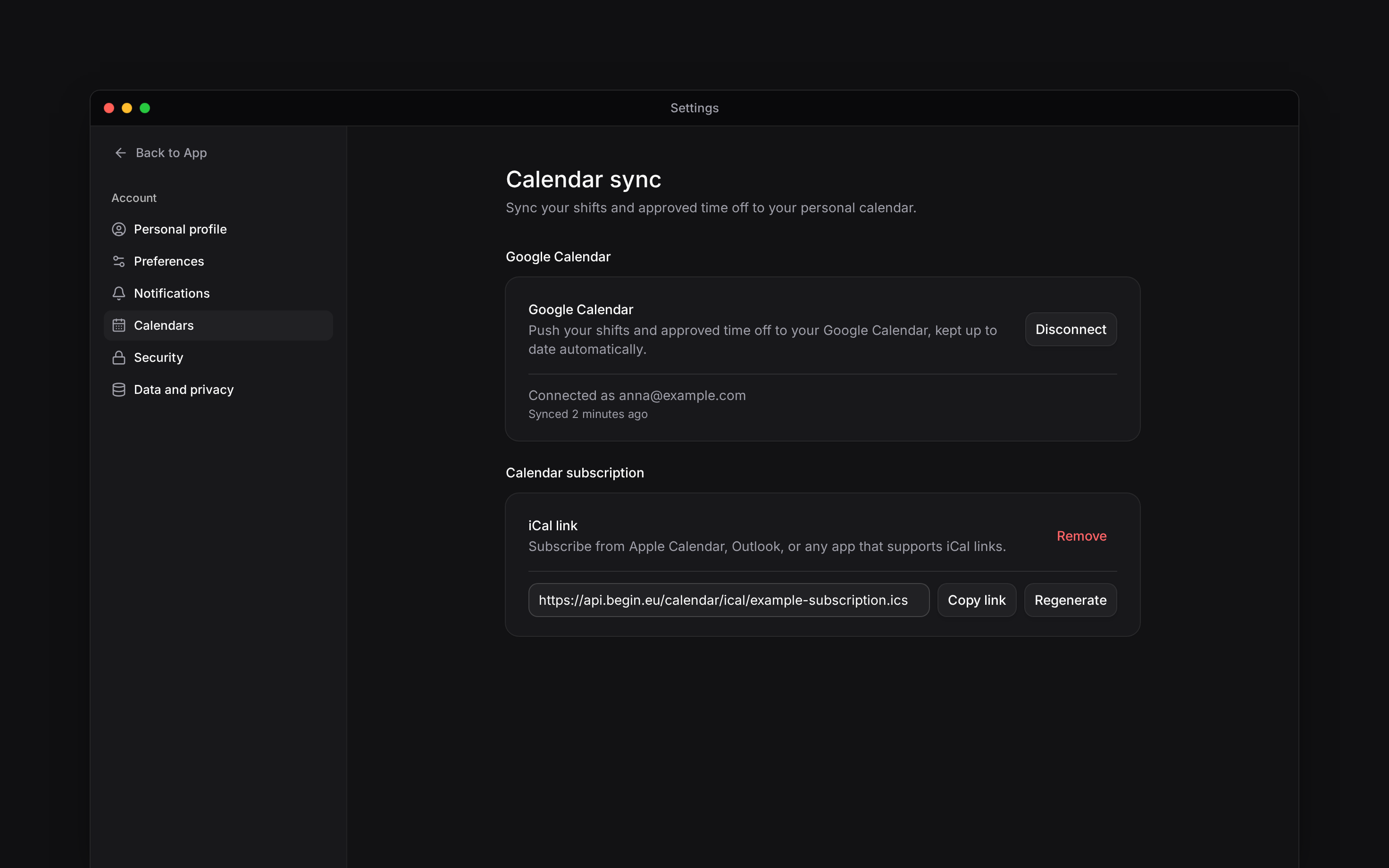 Calendar sync settings with an active Google connection and an iCal subscription link