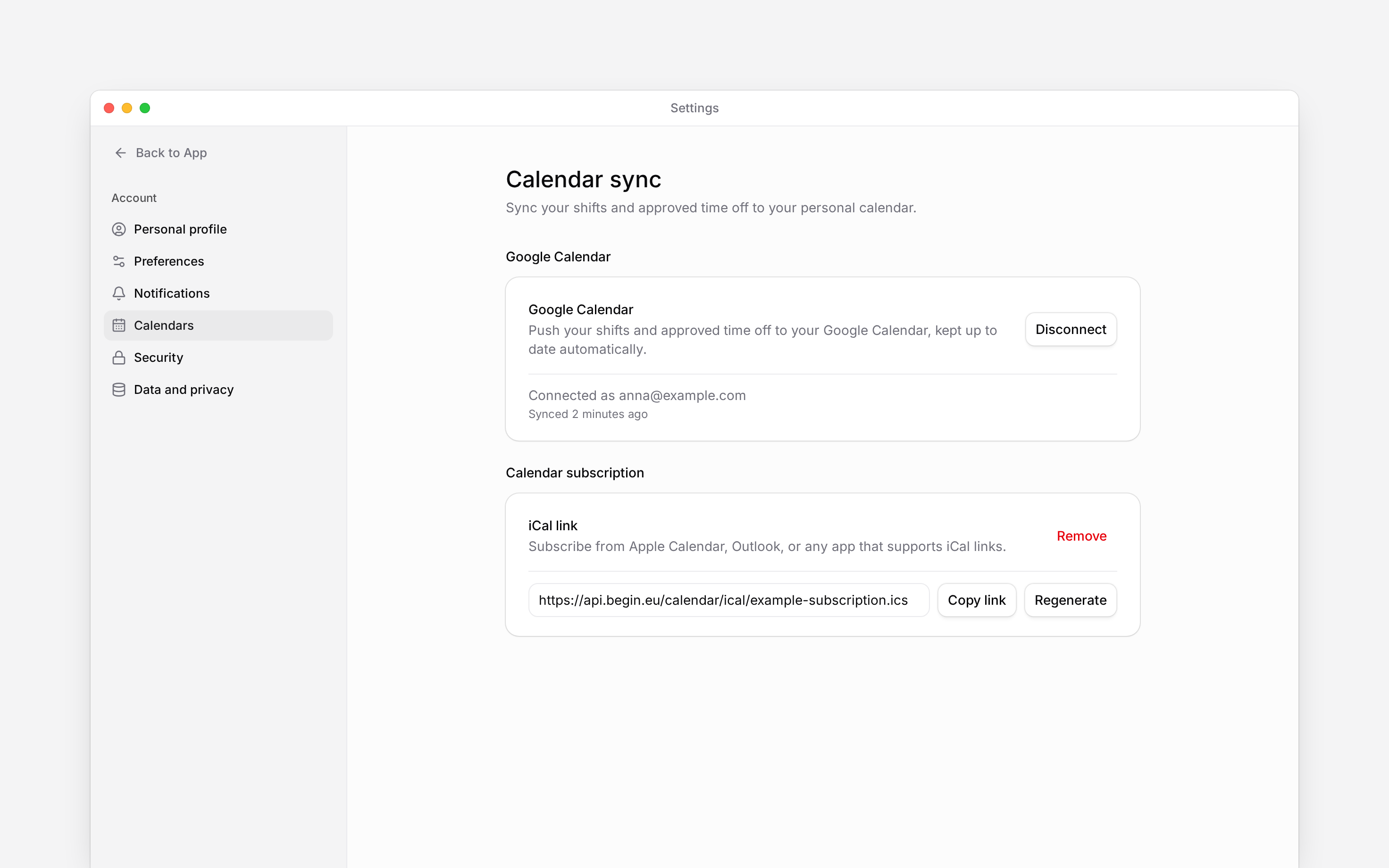 Calendar sync settings with an active Google connection and an iCal subscription link