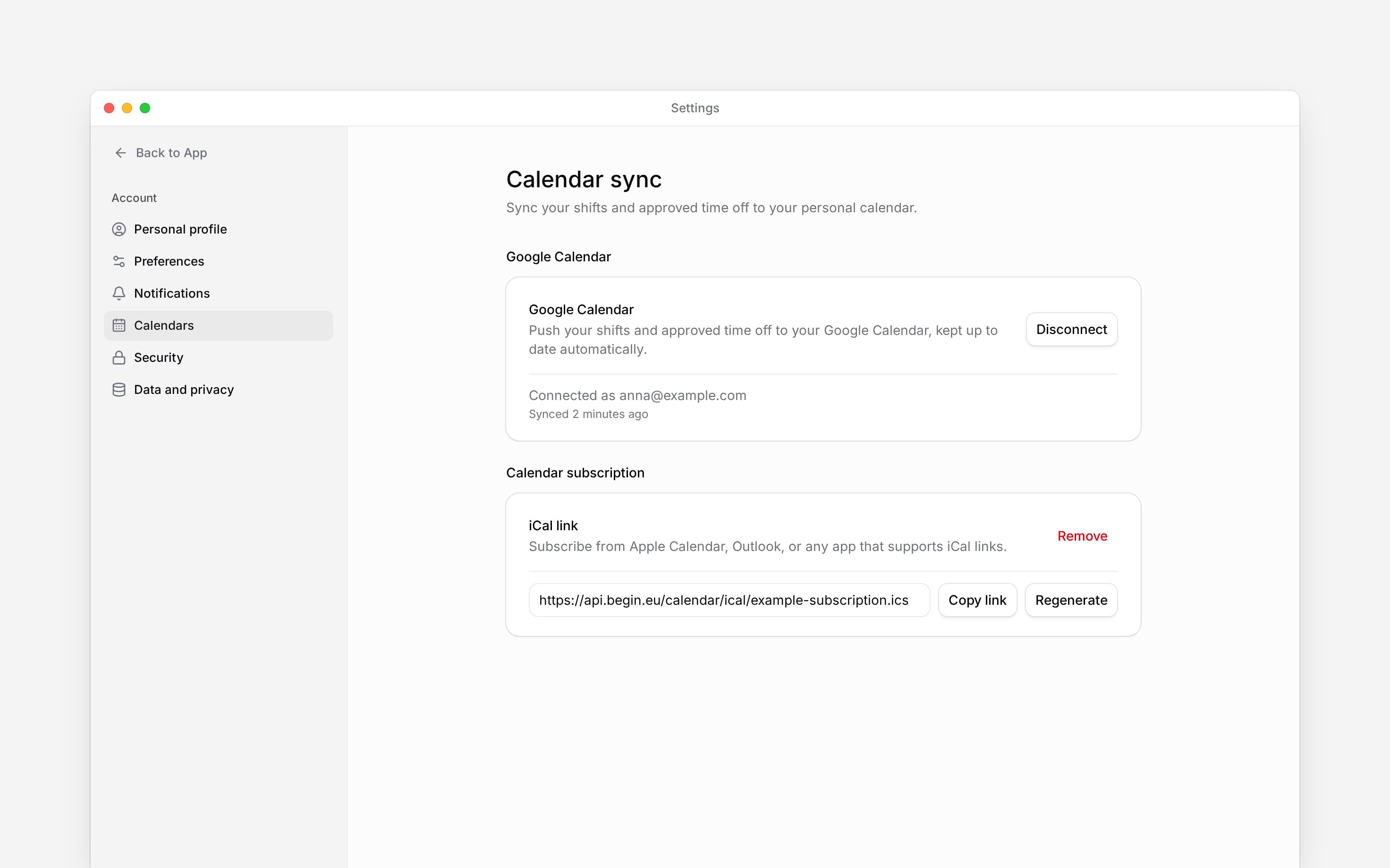 Calendar sync settings with an active Google connection and an iCal subscription link