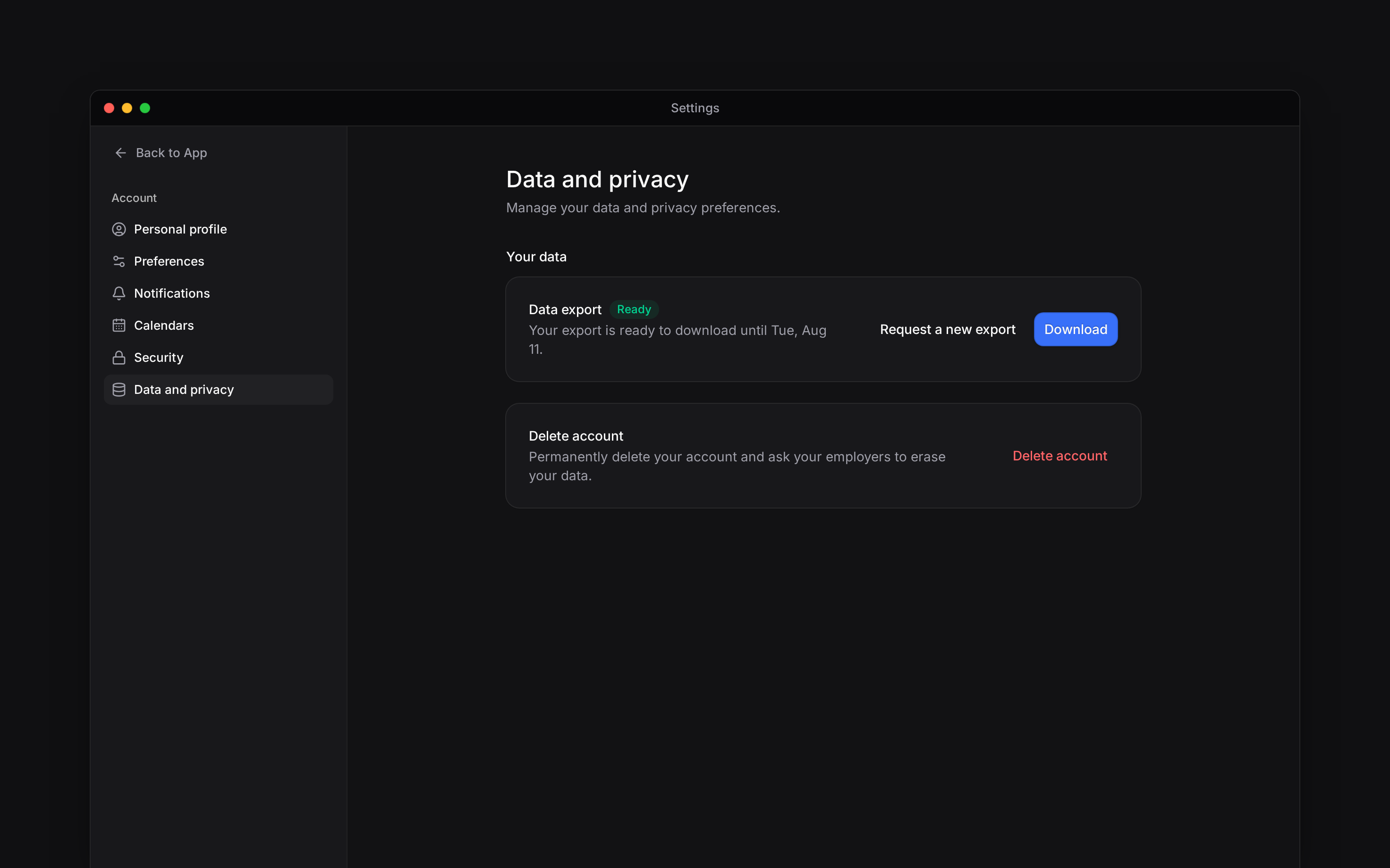Data and privacy settings showing personal export and the Delete account action