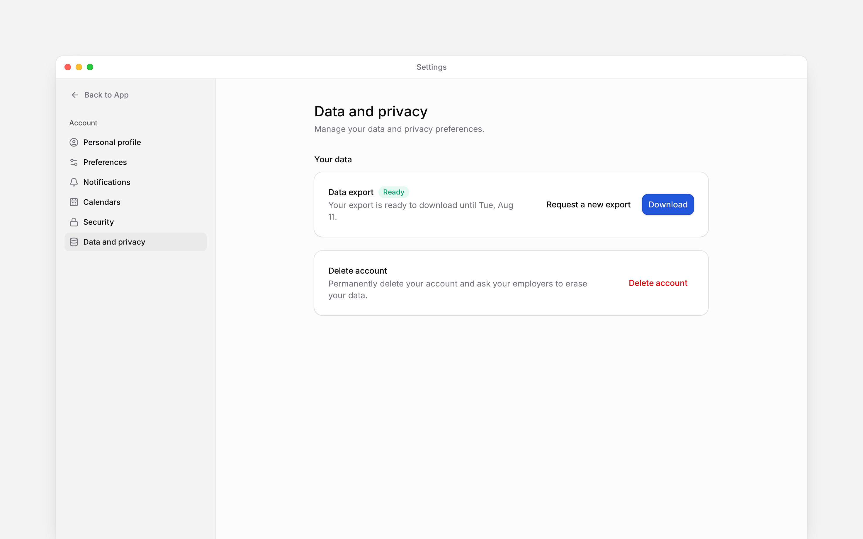 Data and privacy settings with a personal export ready to download