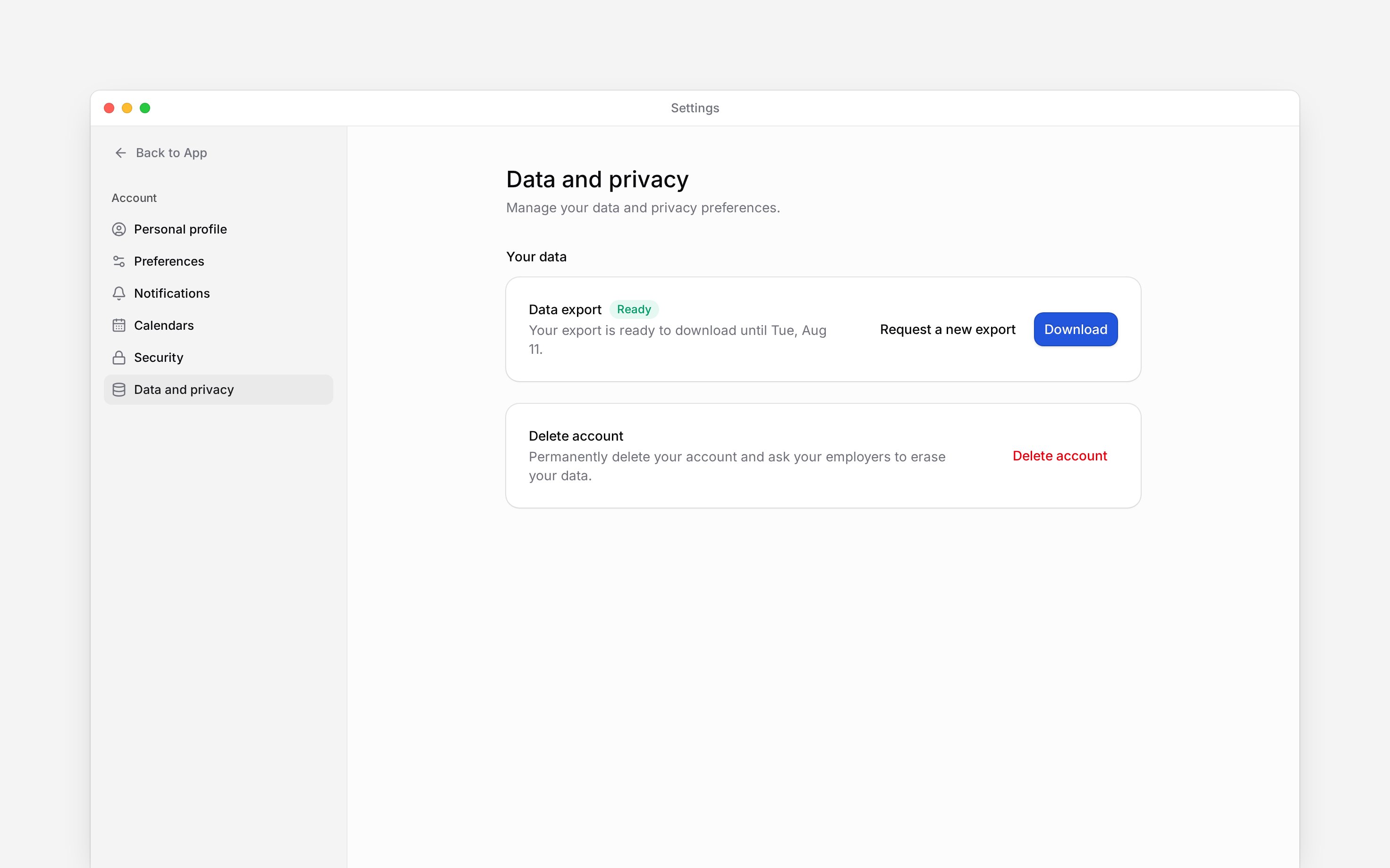 Data and privacy settings with a personal export ready to download