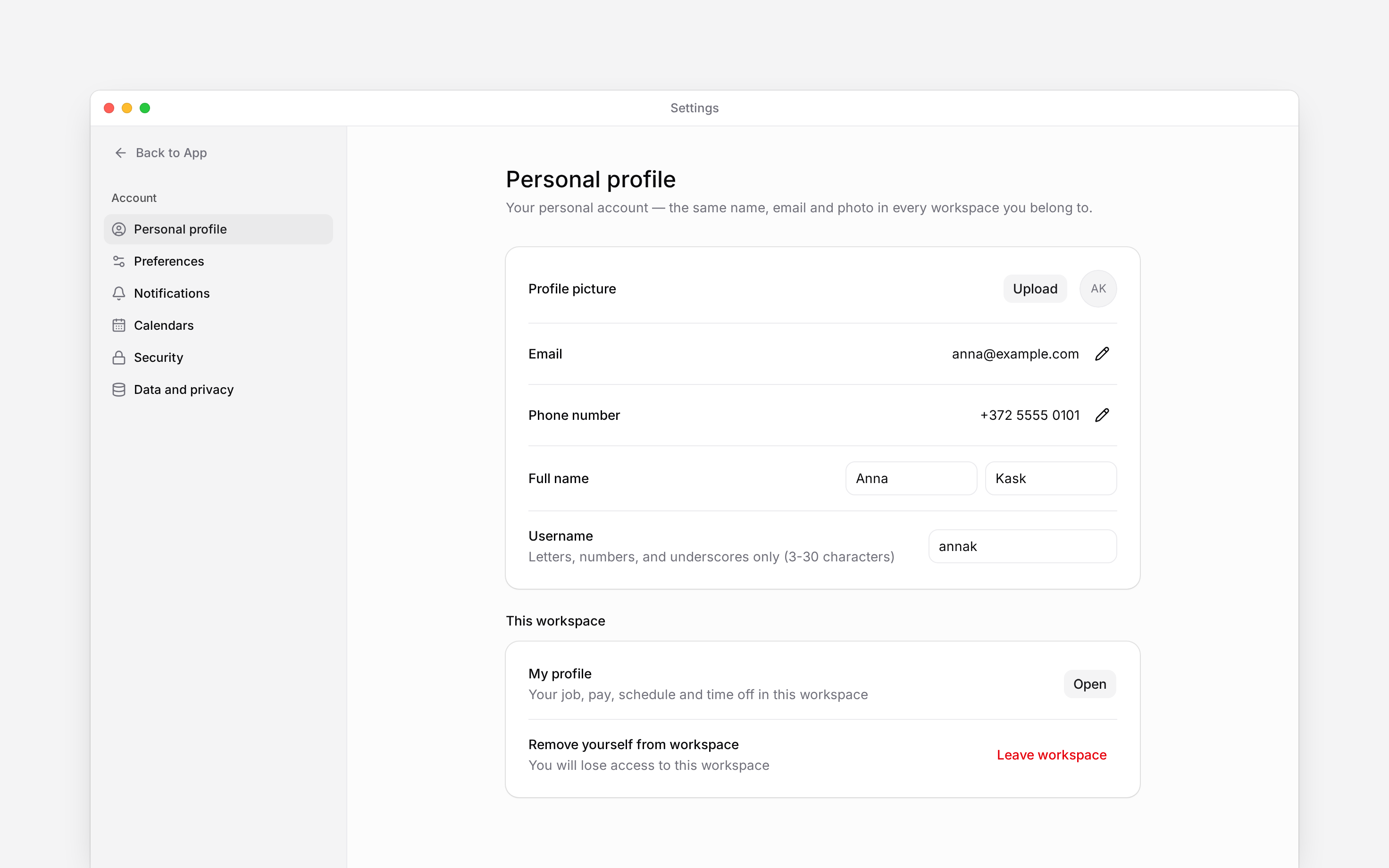 Personal profile settings scrolled to the current workspace access controls