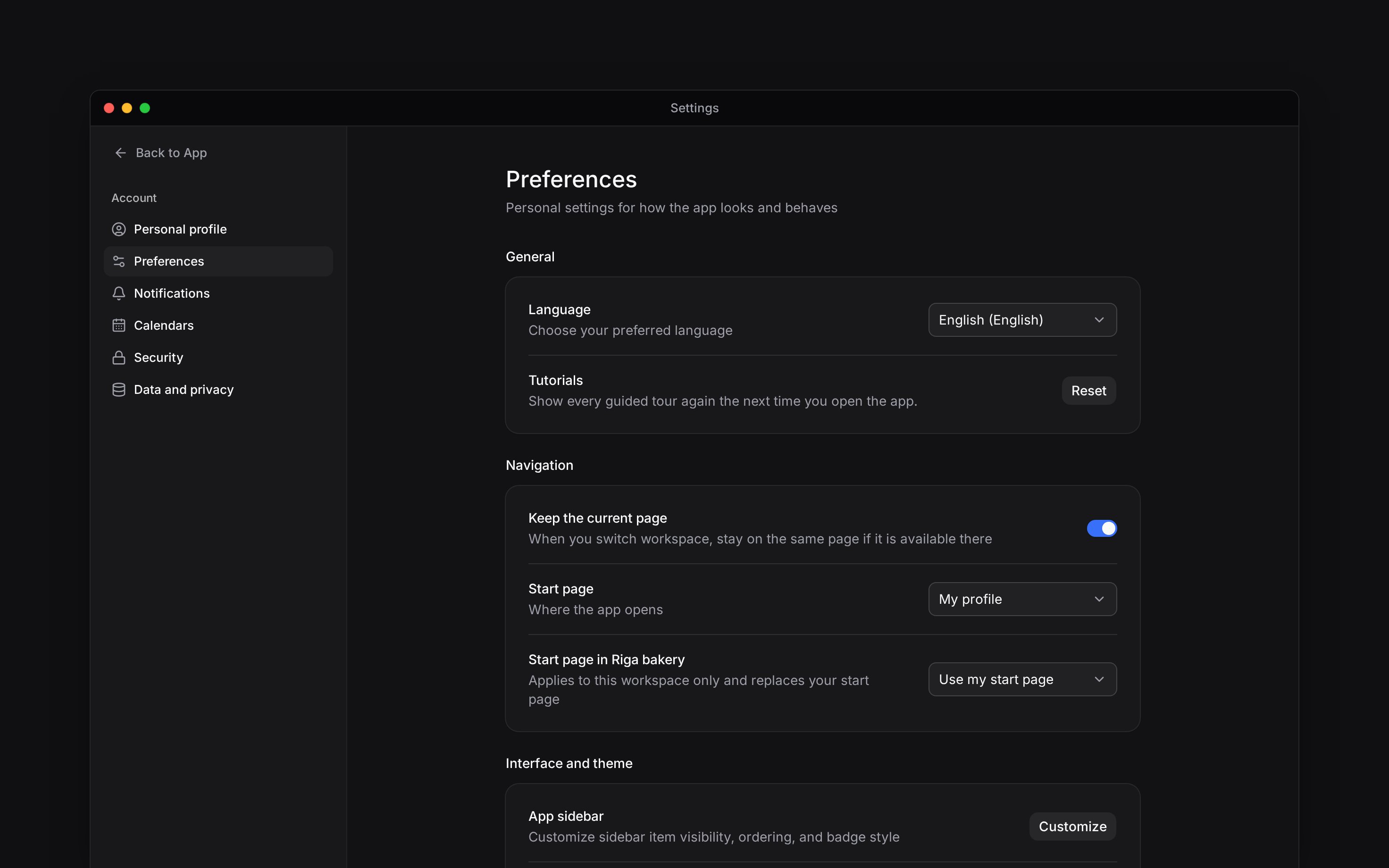Preferences settings with language, tutorial and start-page controls