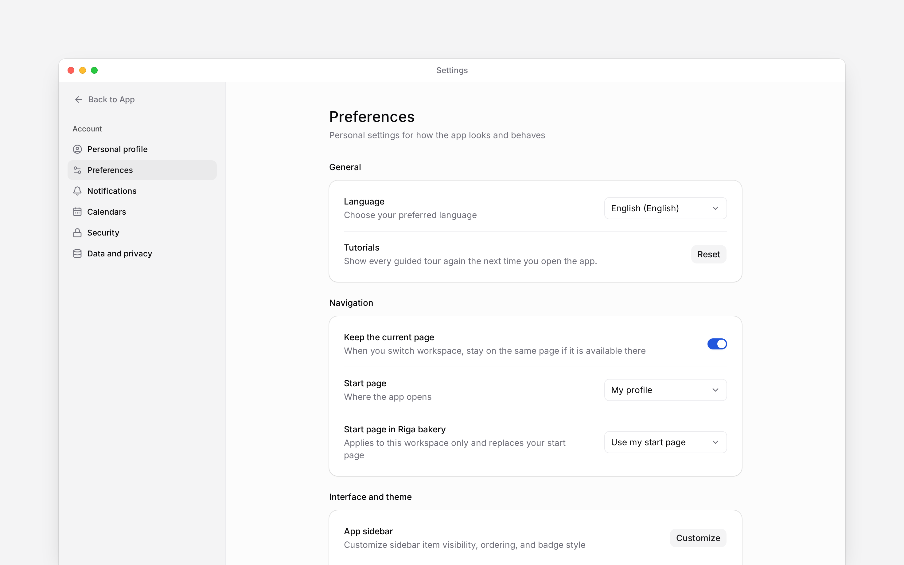 Preferences settings with language, tutorial and start-page controls