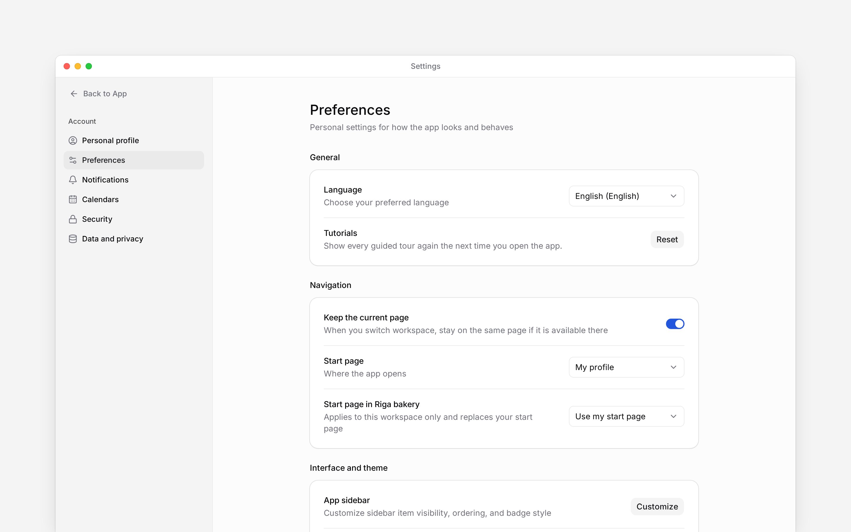 Preferences settings with language, tutorial and start-page controls
