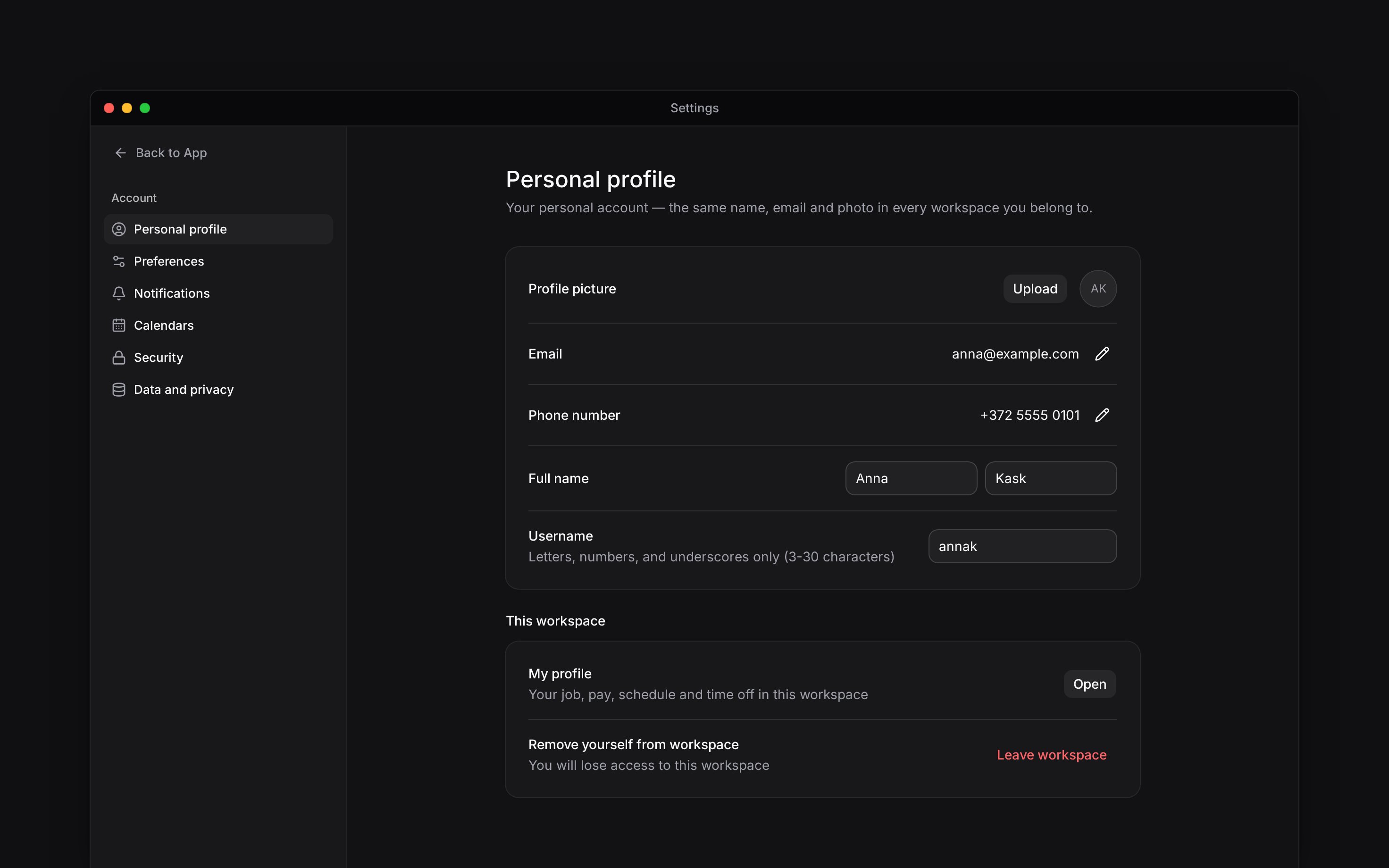 Personal profile settings with account details and workspace access controls