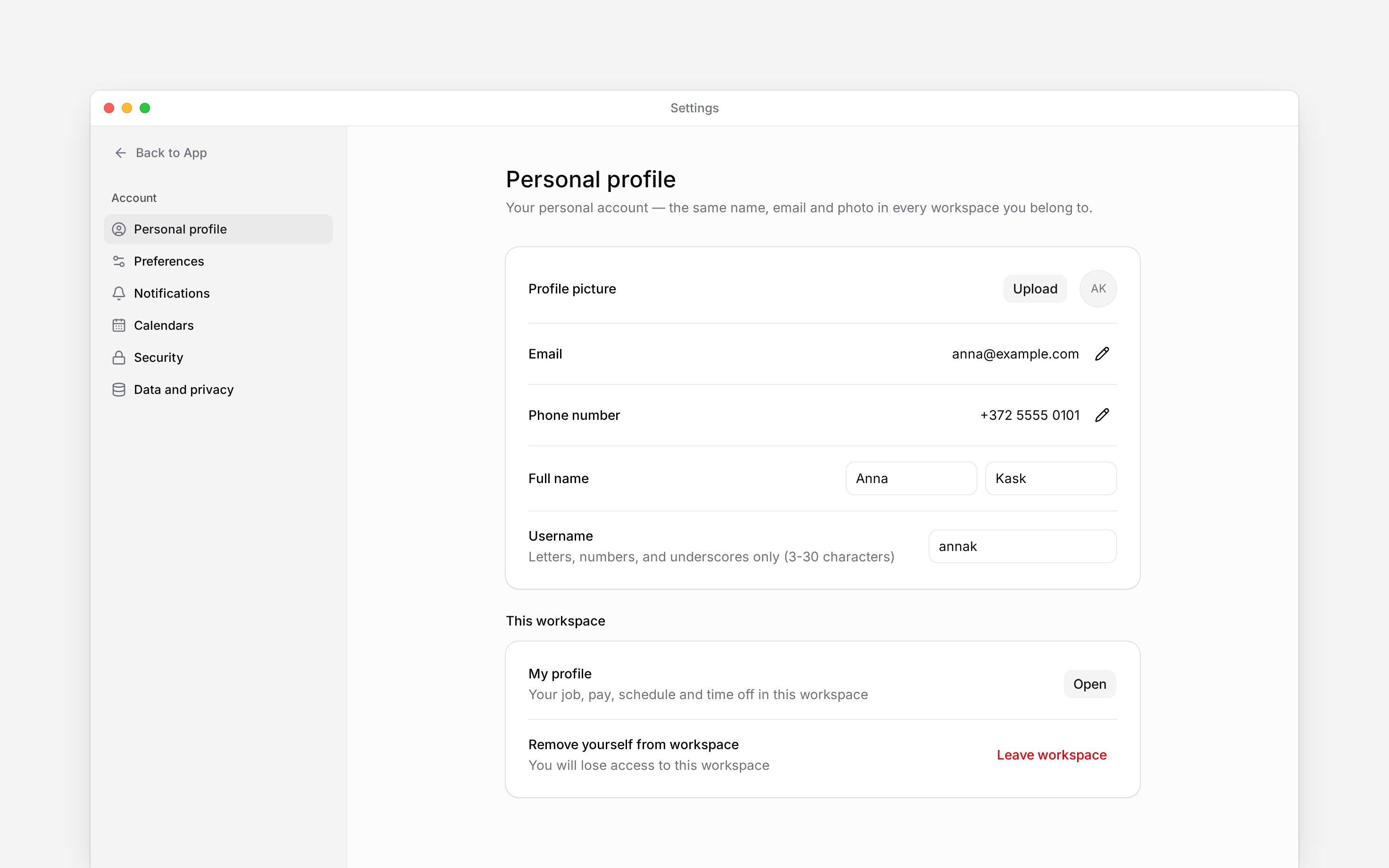 Personal profile settings with account details and workspace access controls