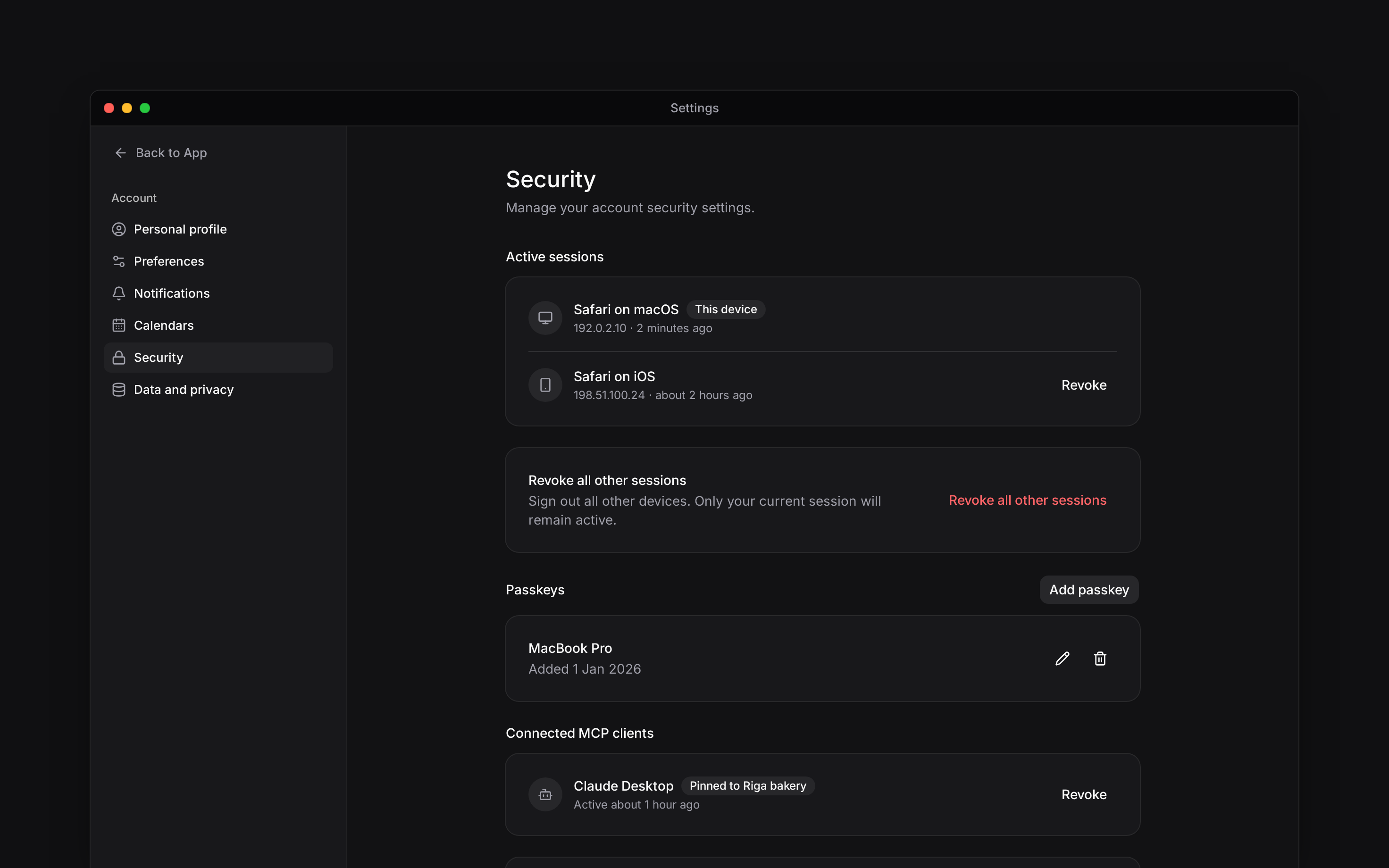 Security settings showing active sessions and the current device