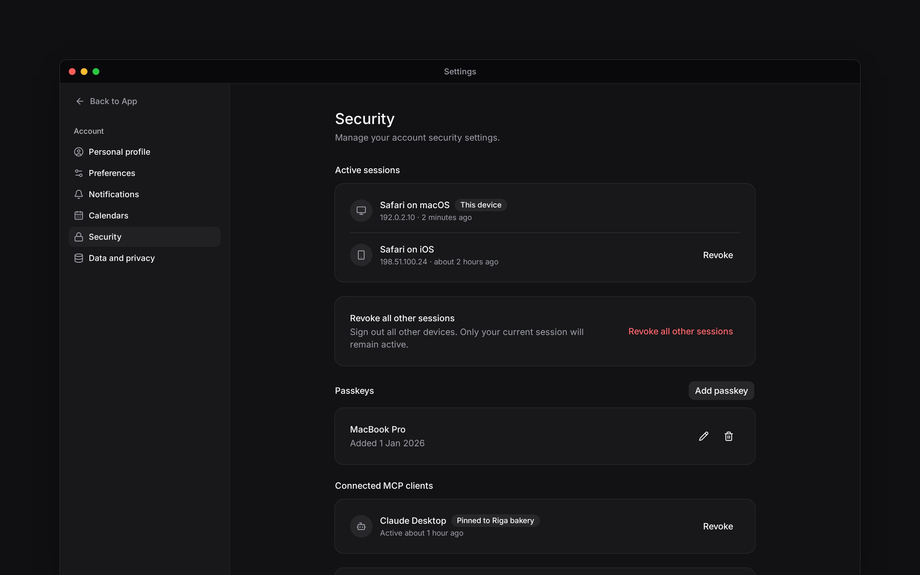 Security settings showing active sessions and the current device