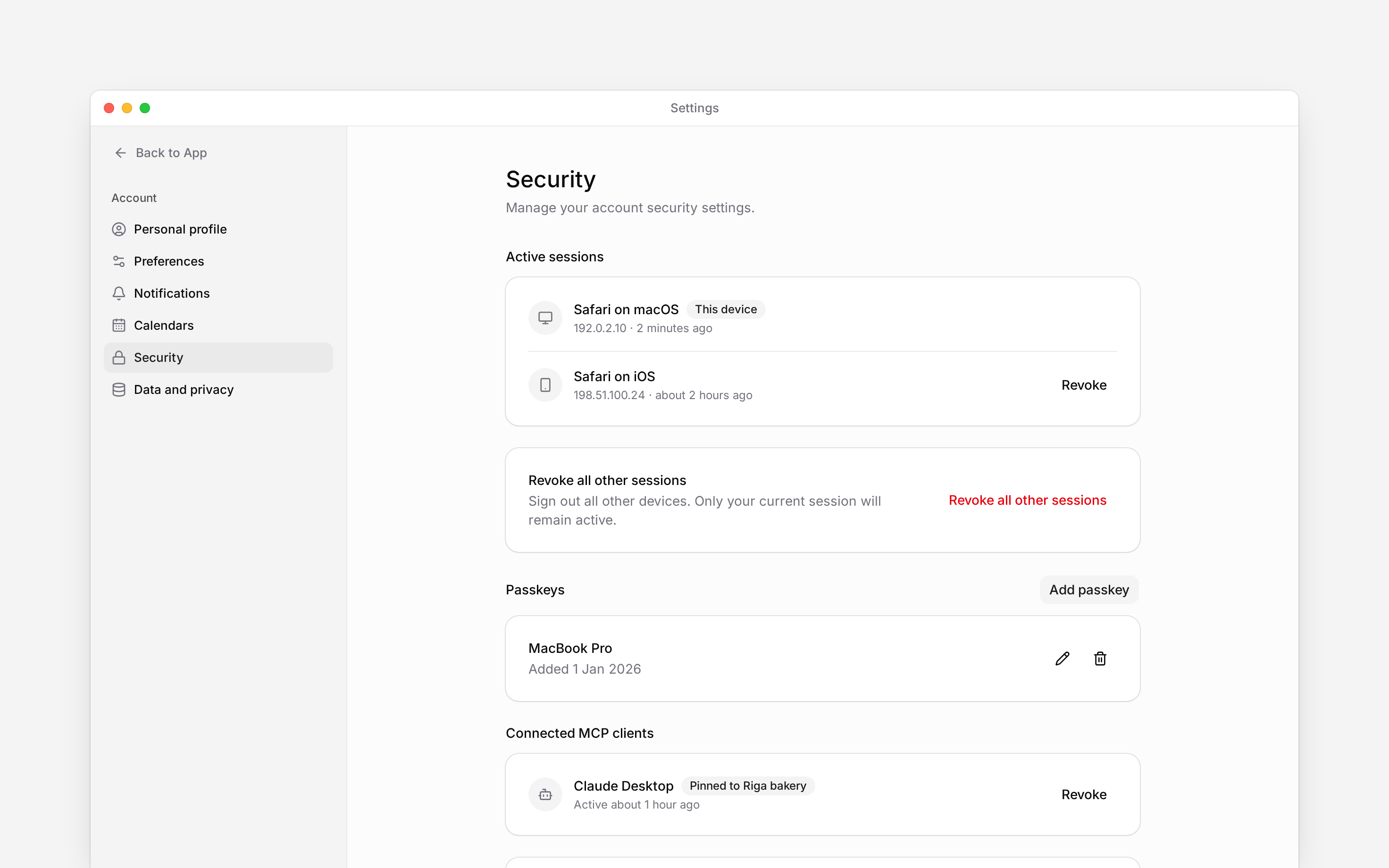 Security settings showing active sessions and the current device