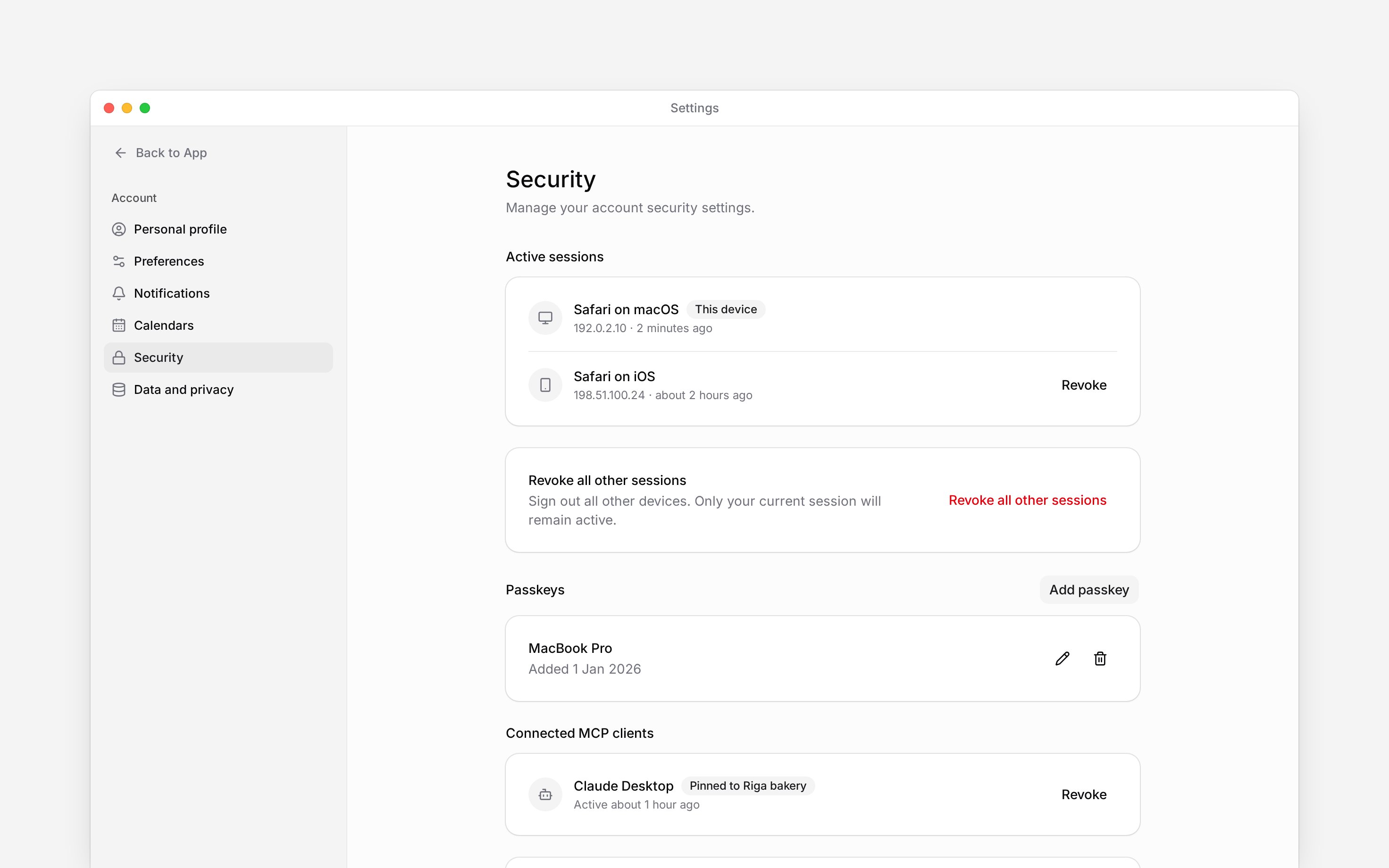 Security settings showing active sessions and the current device