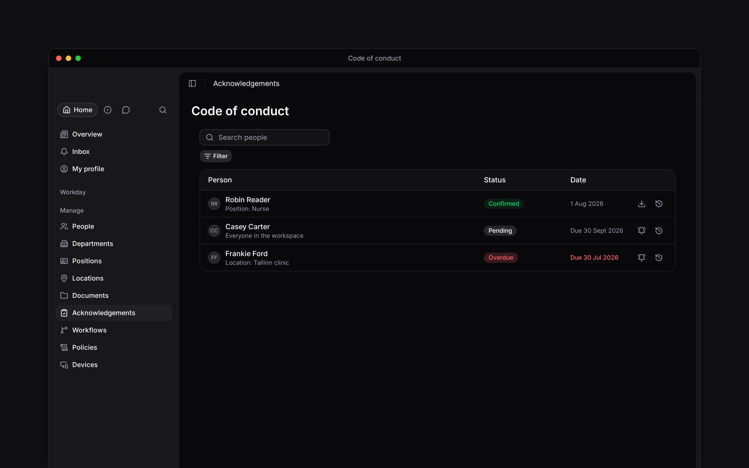 A people list with confirmed, pending and overdue acknowledgement rows and reminder actions