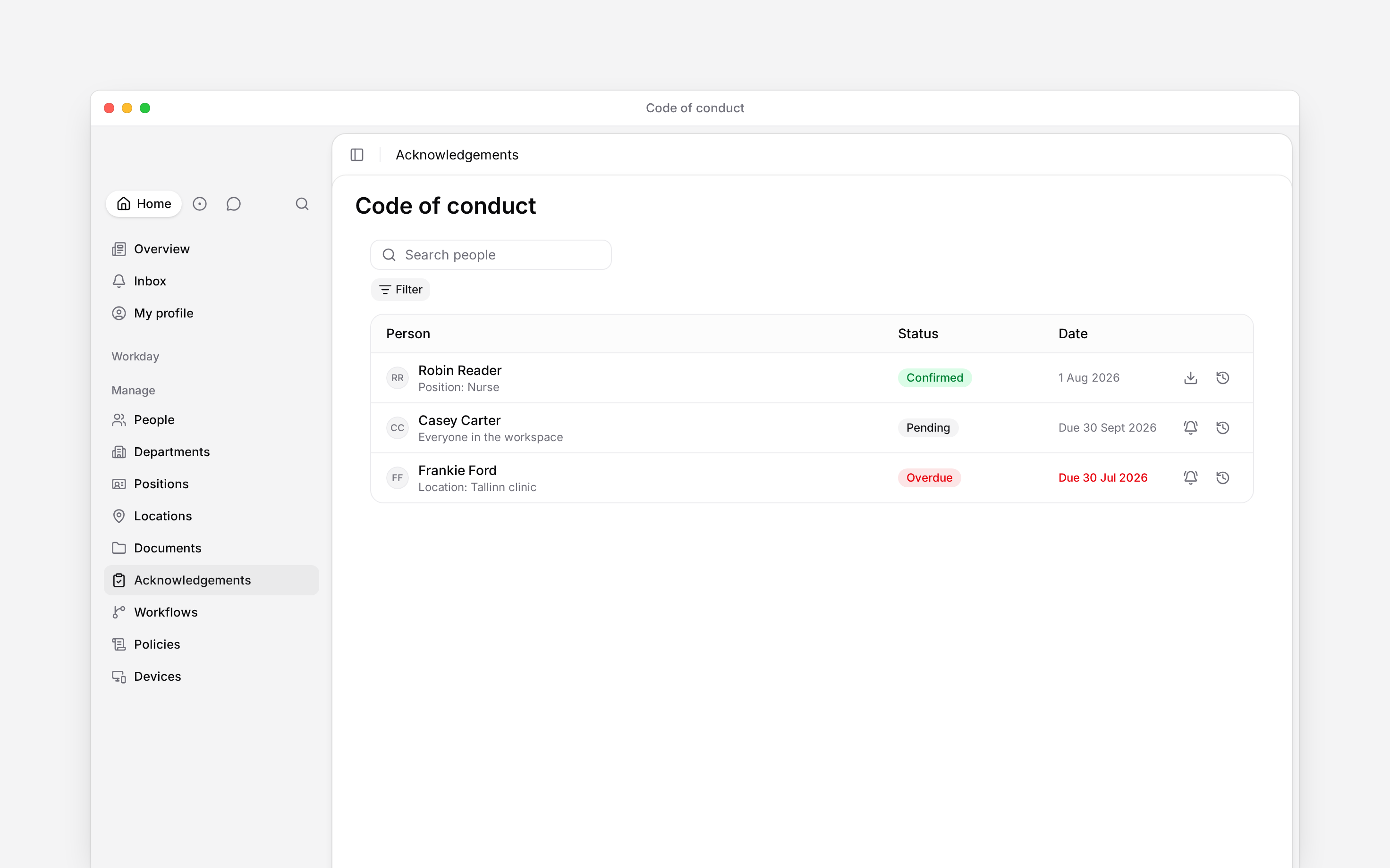 A people list with confirmed, pending and overdue acknowledgement rows and reminder actions