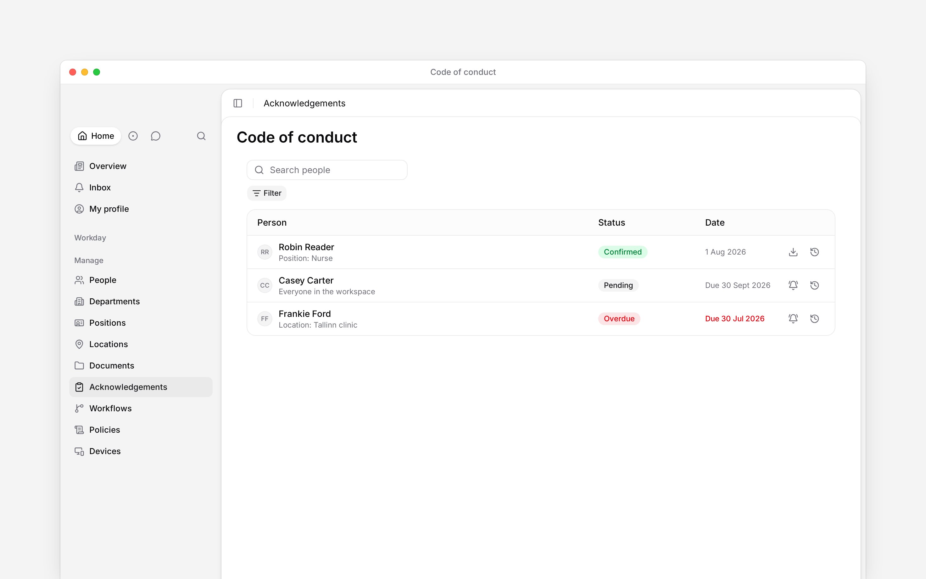 A people list with confirmed, pending and overdue acknowledgement rows and reminder actions