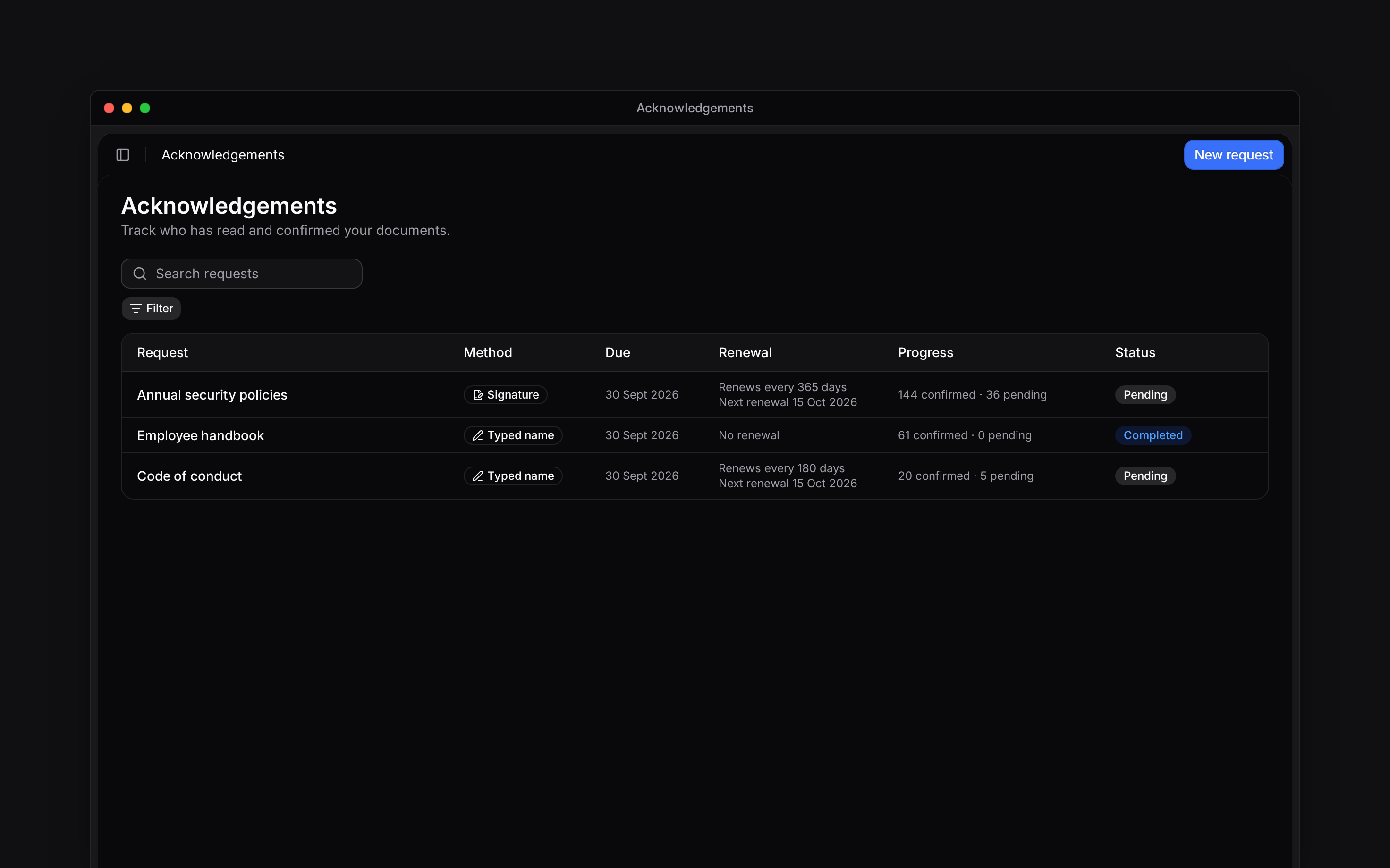 The Acknowledgements page with three requests, progress counts and status filters