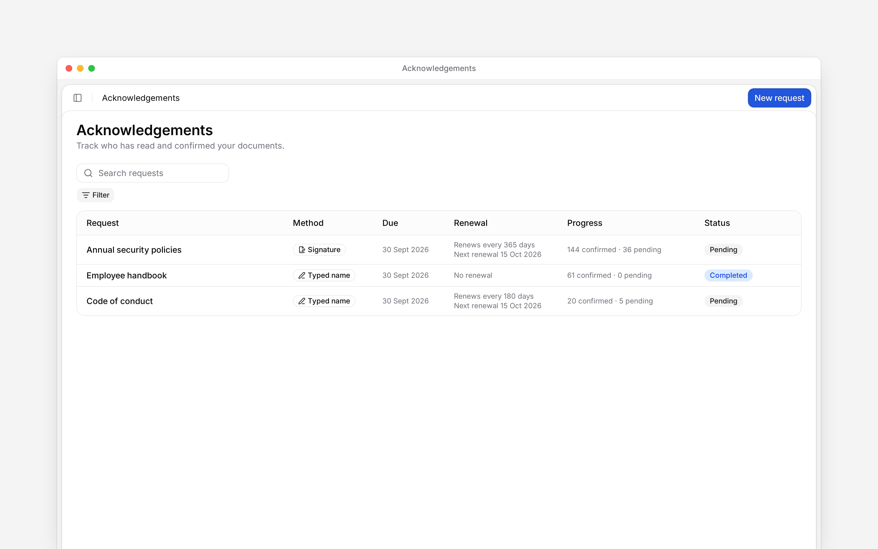 The Acknowledgements page with three requests, progress counts and status filters