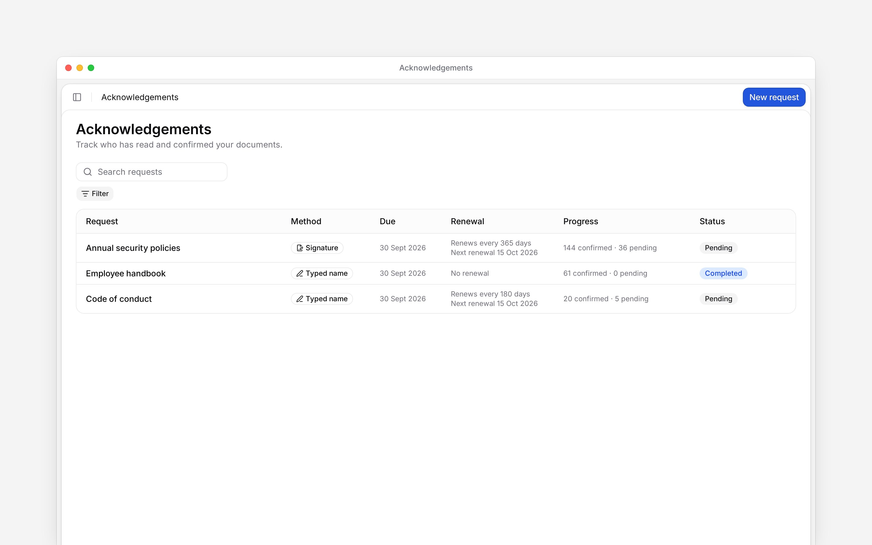 The Acknowledgements page with three requests, progress counts and status filters