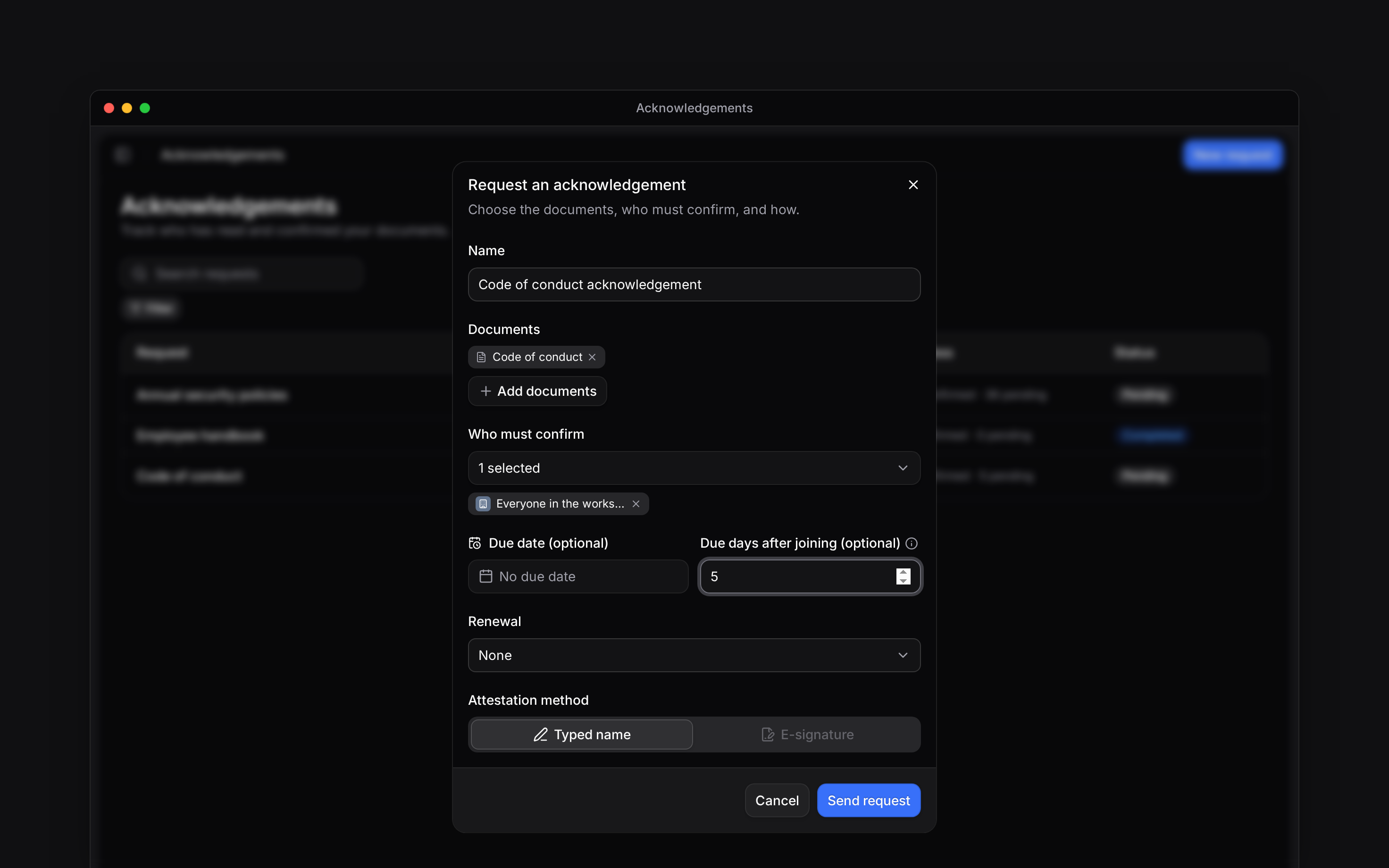 The request form with Code of conduct selected, an audience and future-joiner timing