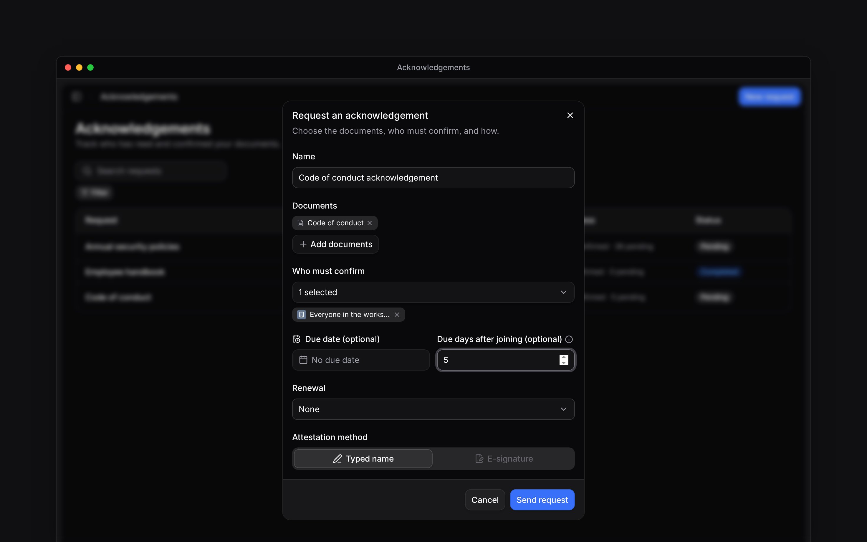 The request form with Code of conduct selected, an audience and future-joiner timing