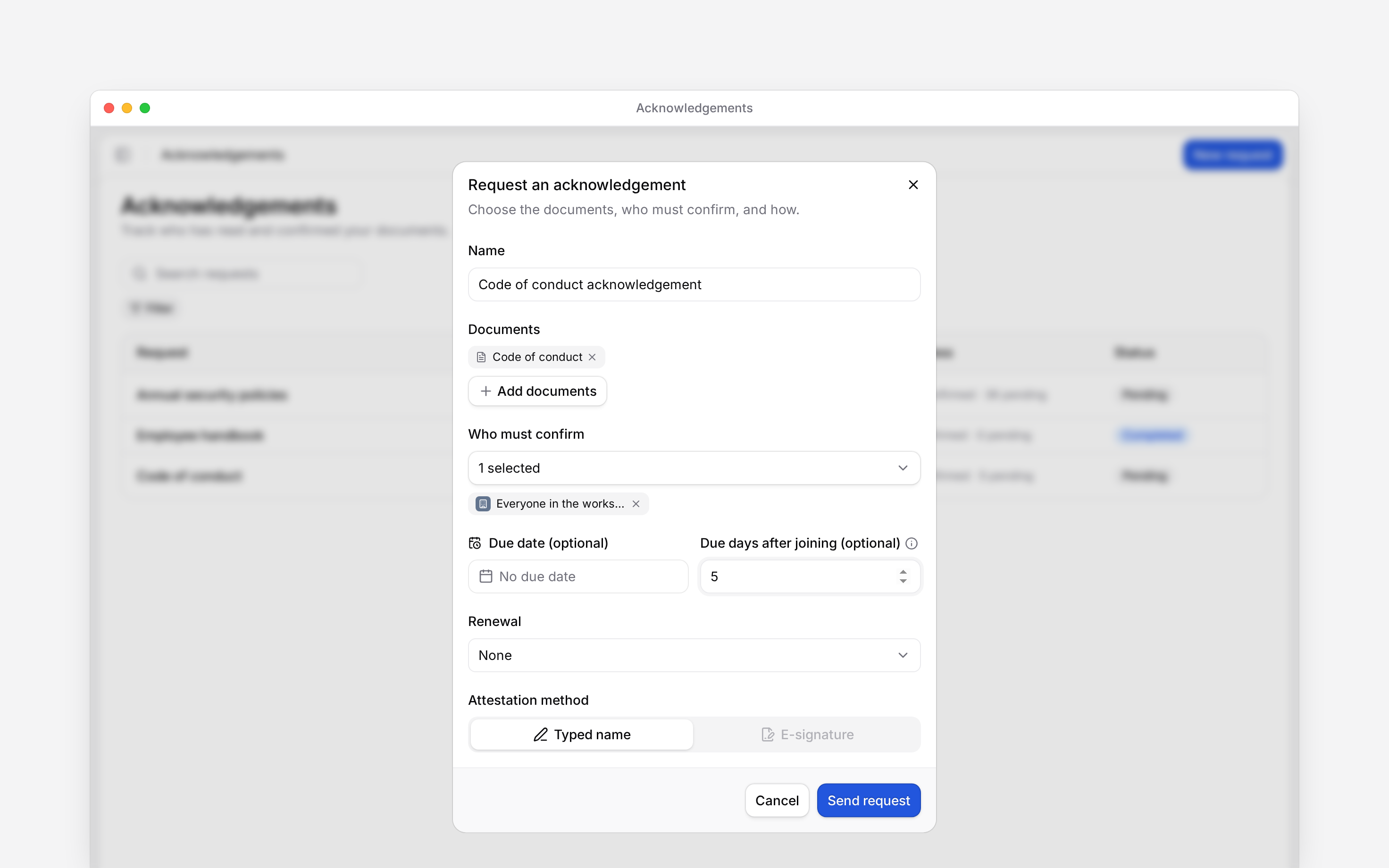 The request form with Code of conduct selected, an audience and future-joiner timing