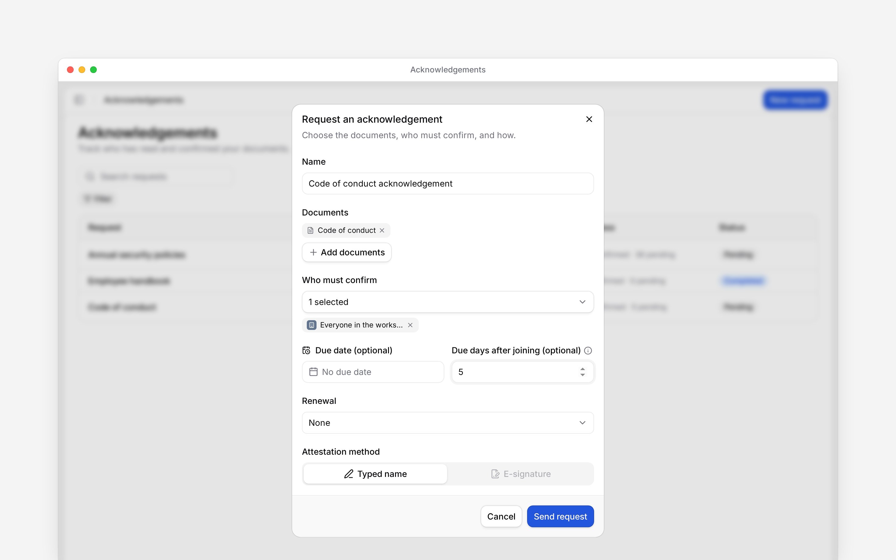 The request form with Code of conduct selected, an audience and future-joiner timing