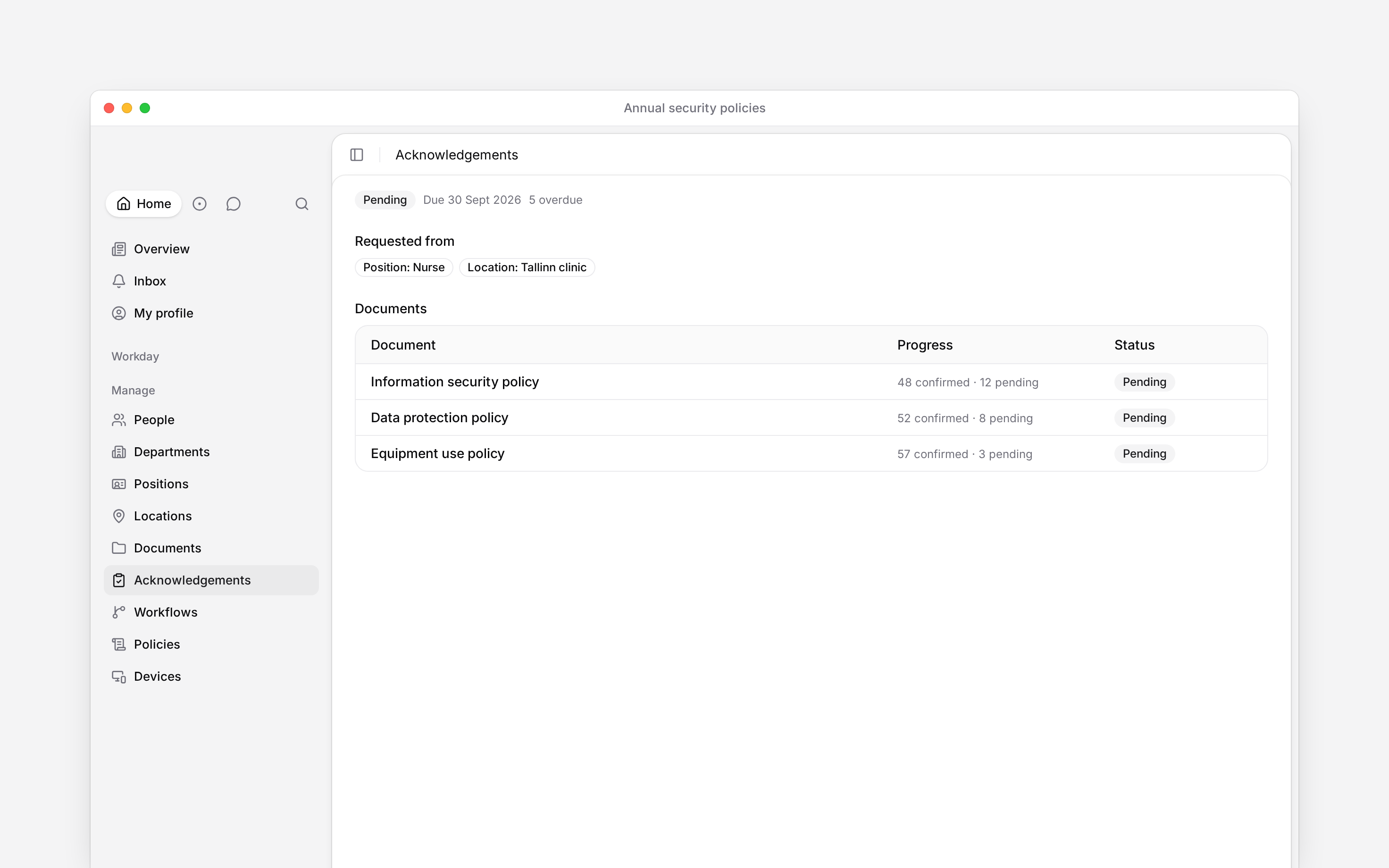 An acknowledgement request showing audience, deadline and progress for a document pack