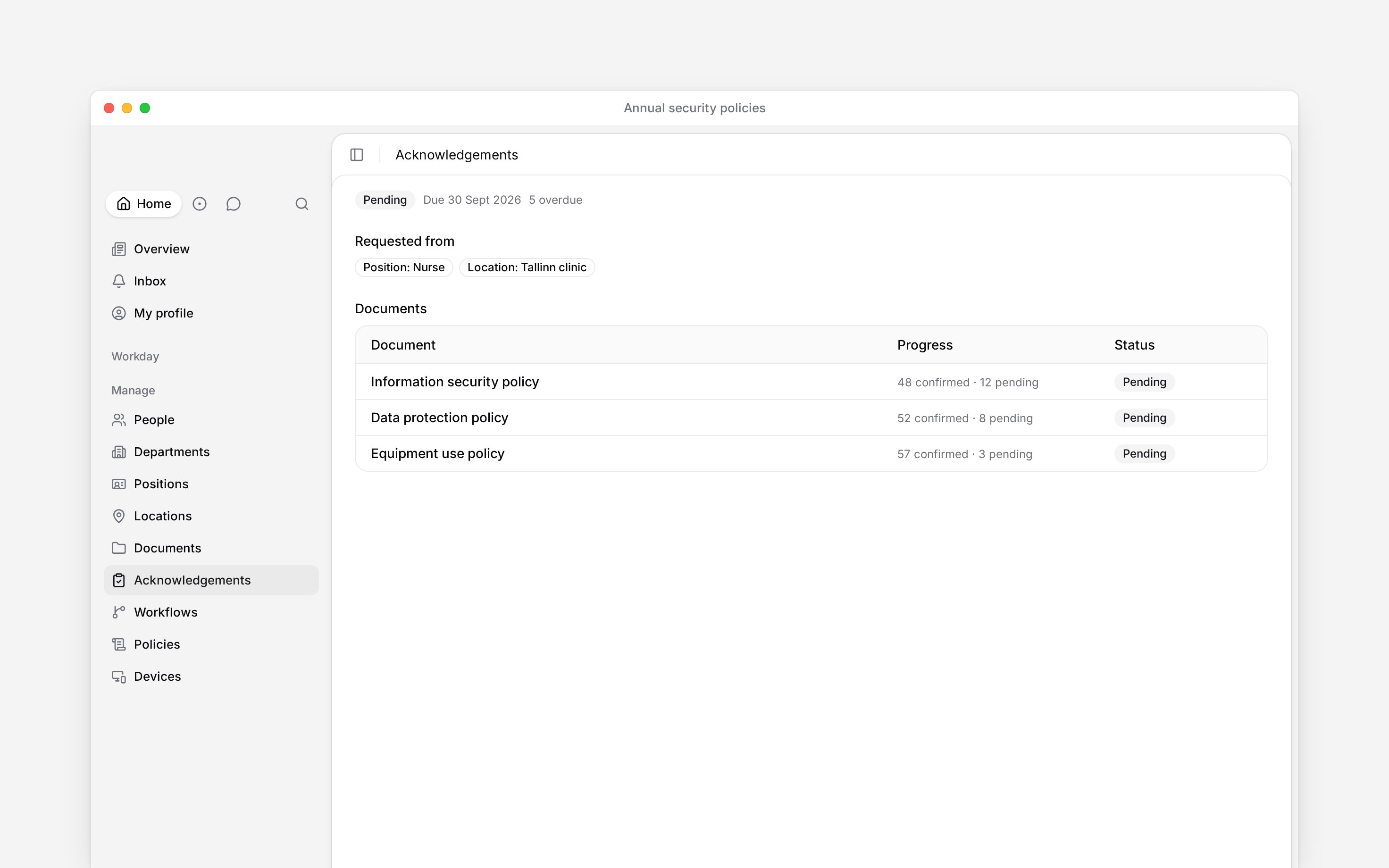 An acknowledgement request showing audience, deadline and progress for a document pack
