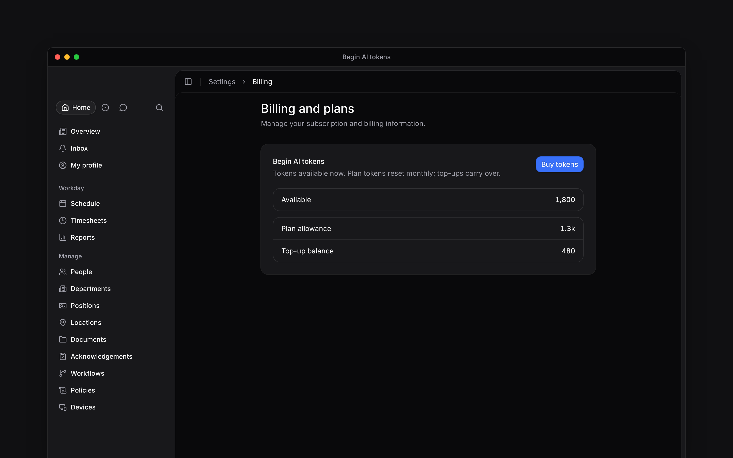 Begin AI tokens showing the monthly allowance, purchased balance and Buy tokens button