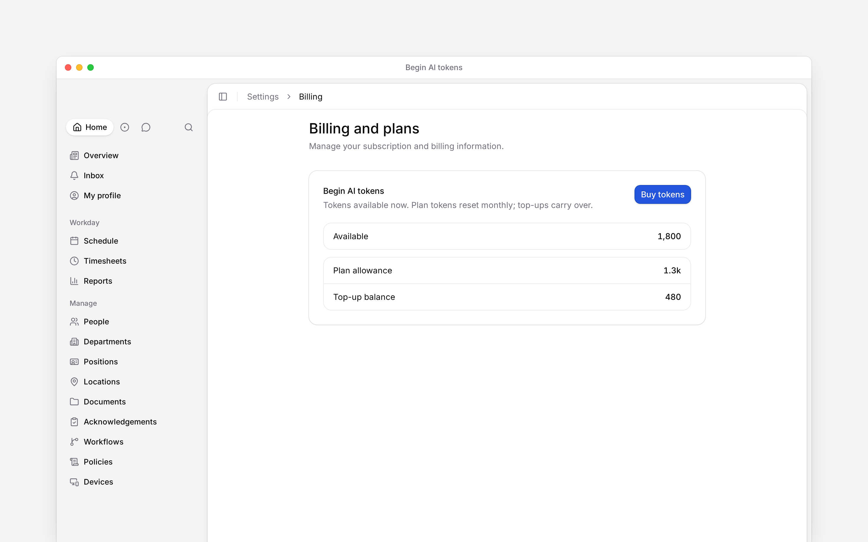 Begin AI tokens showing the monthly allowance, purchased balance and Buy tokens button