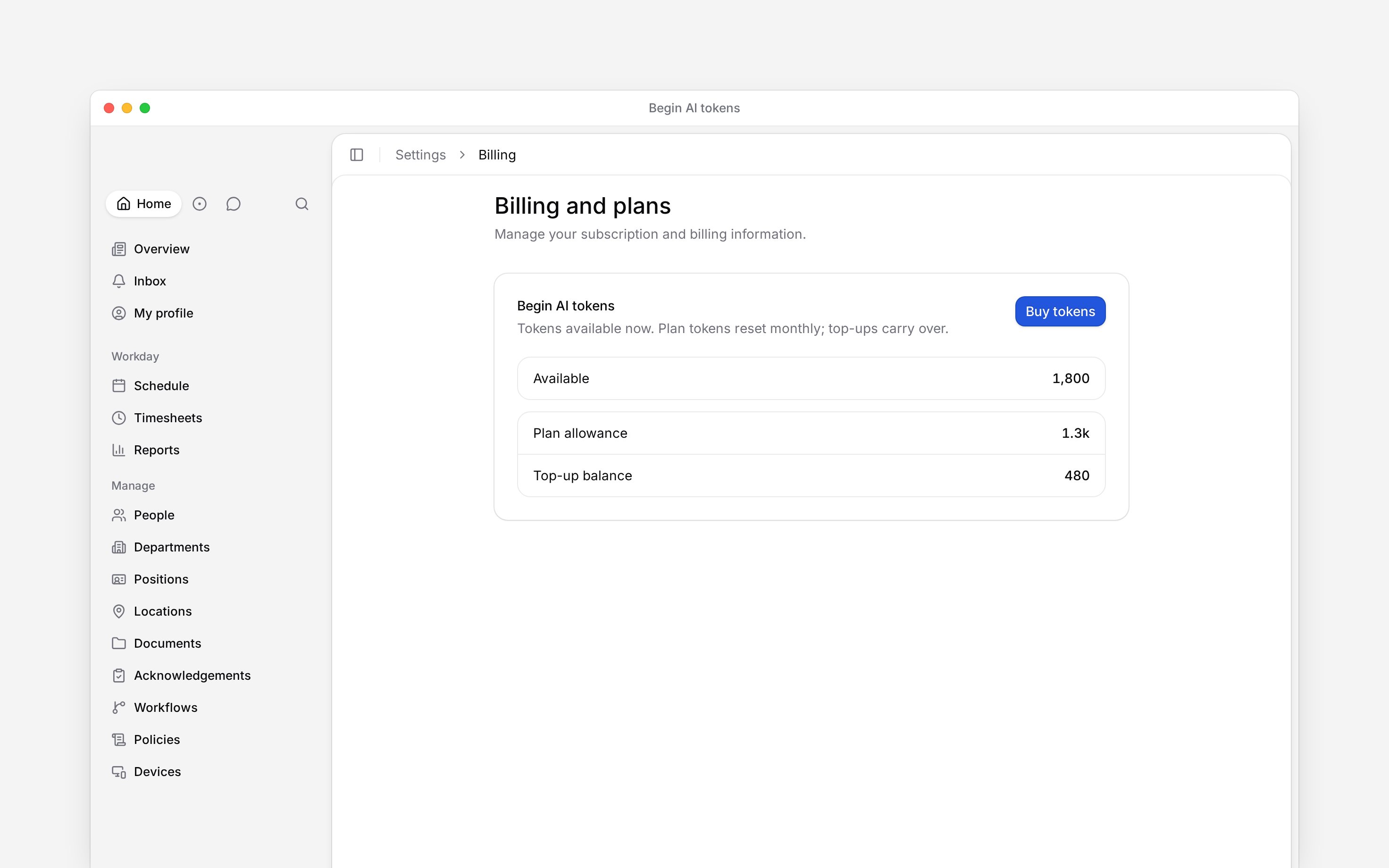 Begin AI tokens showing the monthly allowance, purchased balance and Buy tokens button