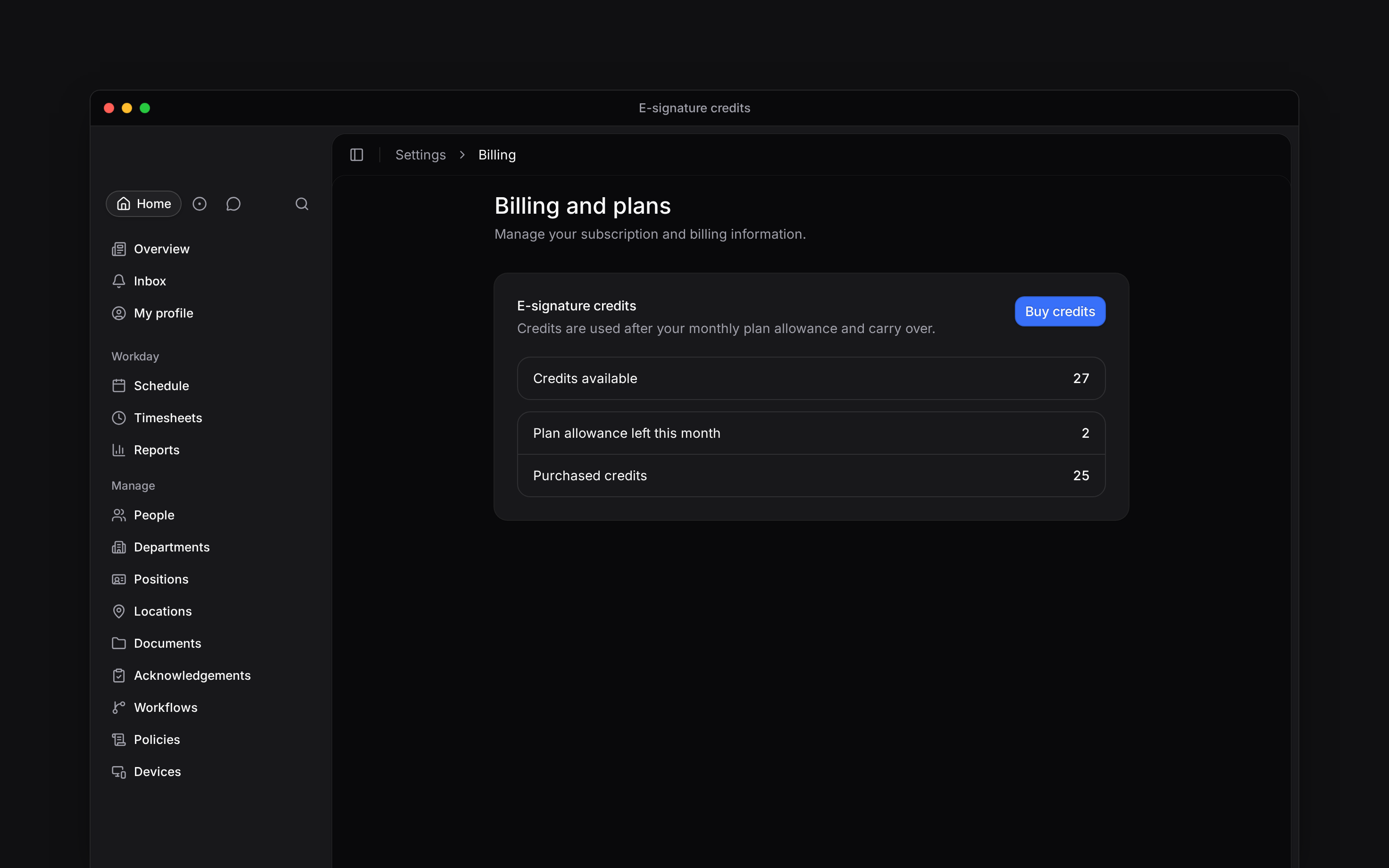 E-signature credits showing remaining monthly allowance, purchased credits and Buy credits